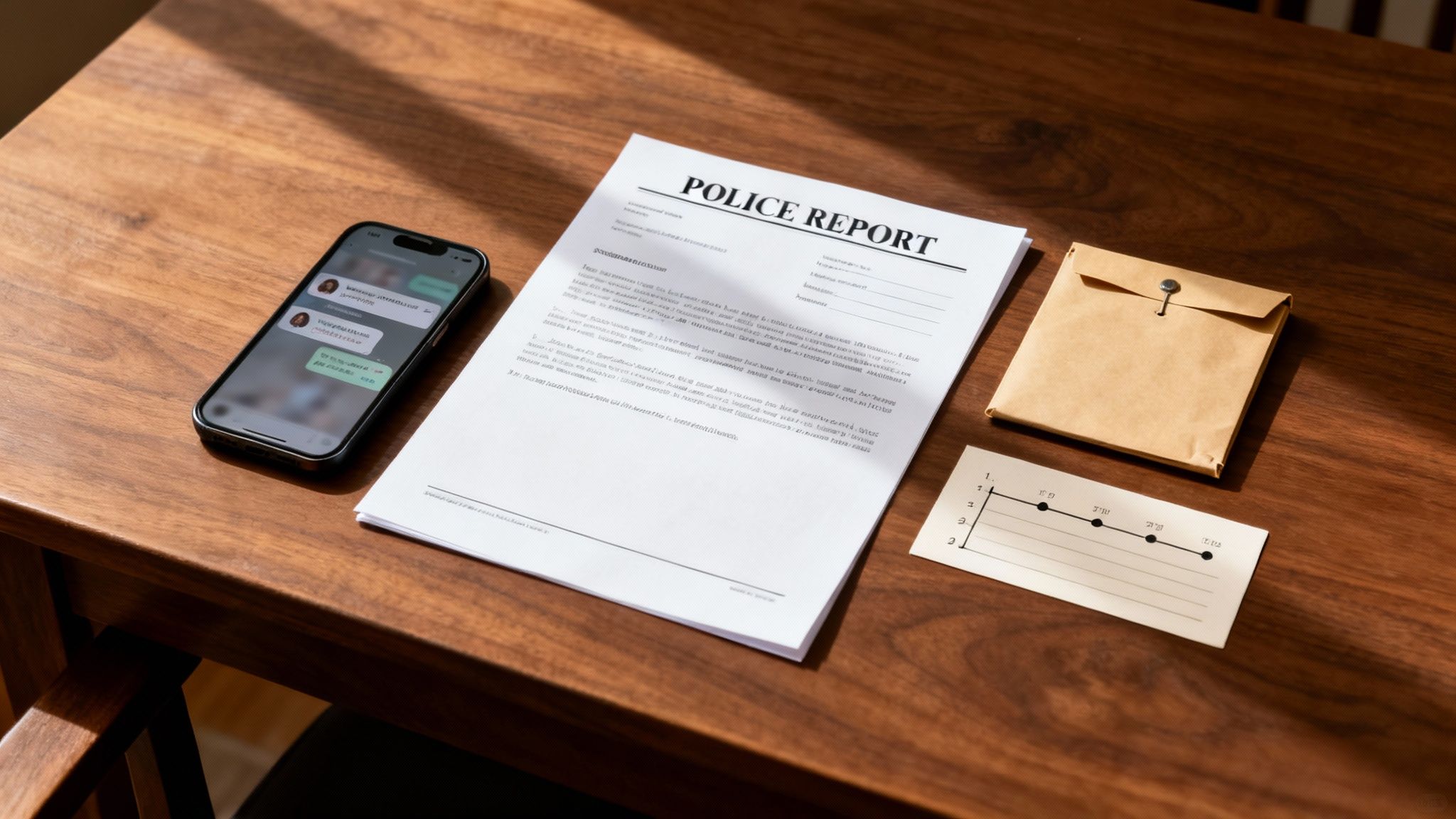 Overhead shot of a police report document, a smartphone showing chat, and legal documents on a dark wooden table.