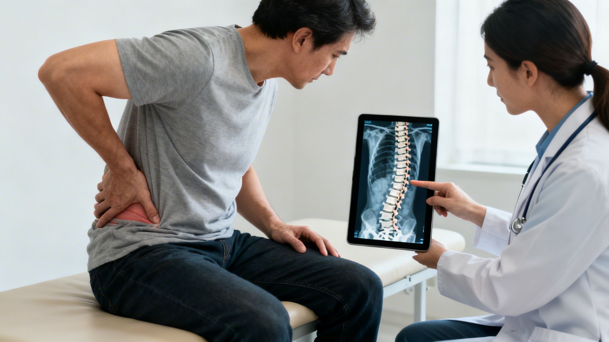 Doctor shows patient spine X-ray on tablet as he holds his aching lower back.