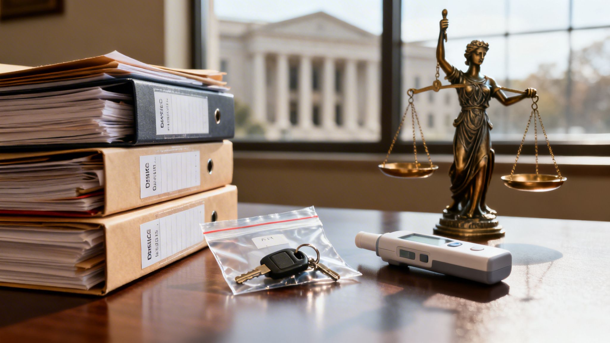 Legal documents, car keys, and a breathalyzer on a table with Lady Justice and a courthouse.