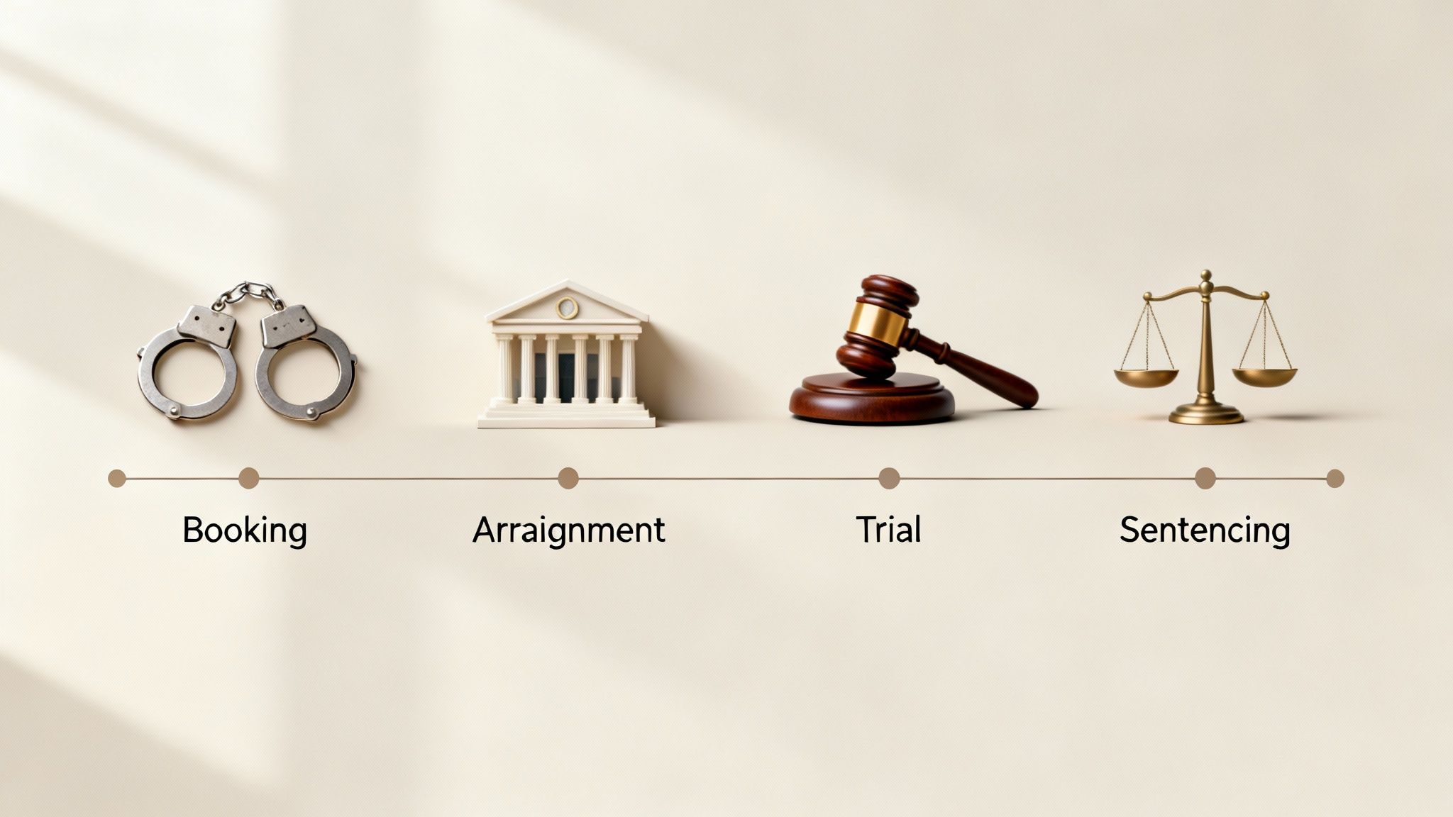 Handcuffs representing booking, courthouse model for arraignment, gavel symbolizing trial, and scales of justice indicating sentencing, illustrating the criminal justice process in Texas.