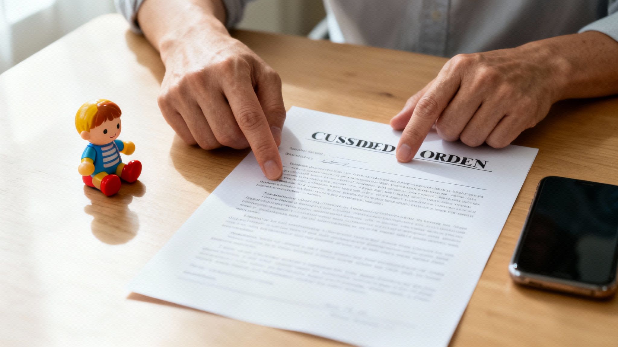 Person pointing at a custody order document on a table, with a child figurine and a smartphone nearby, illustrating custody arrangements relevant to Texas family law.