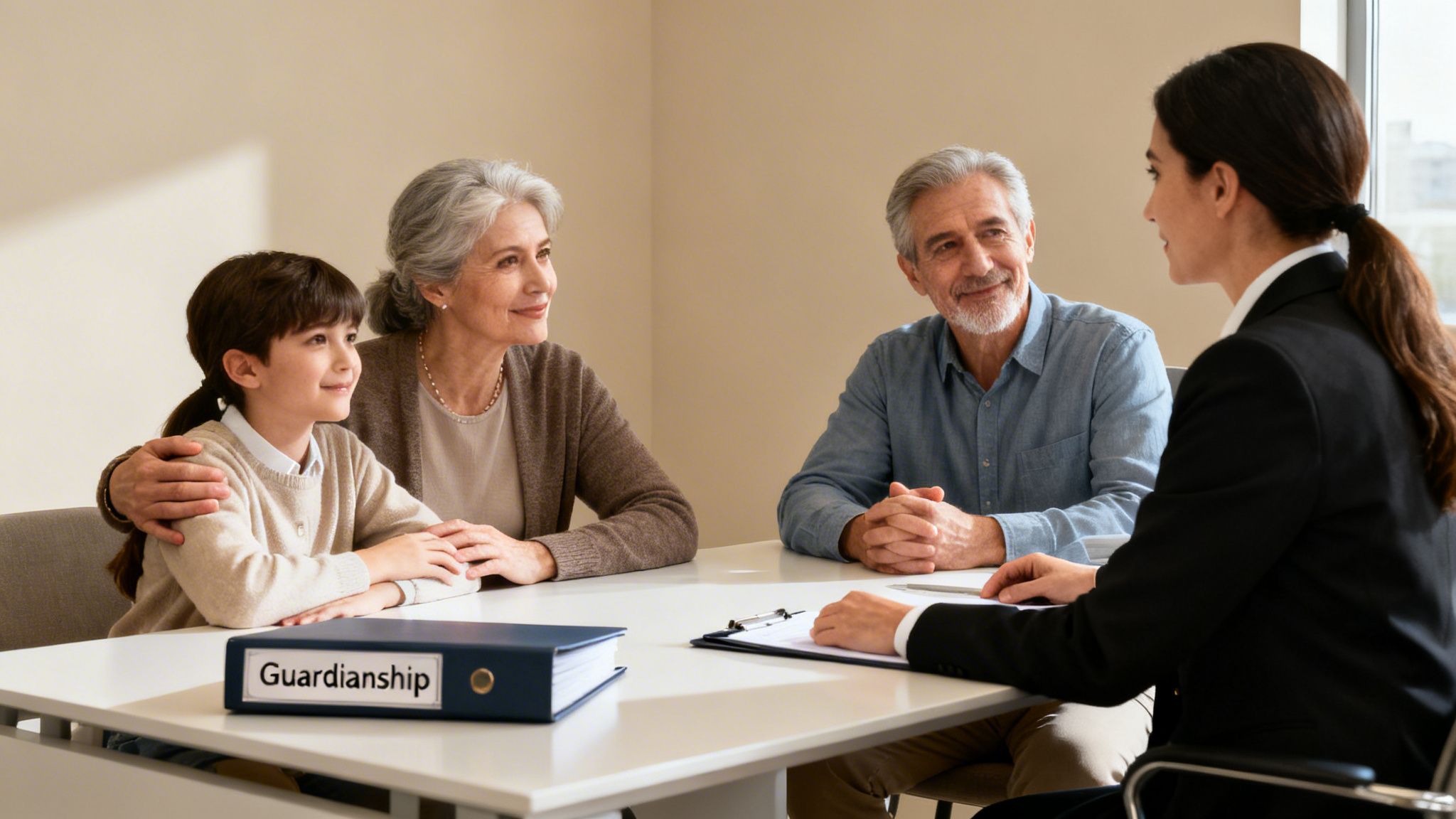 A lawyer discusses guardianship with a smiling family, including a child and two seniors.