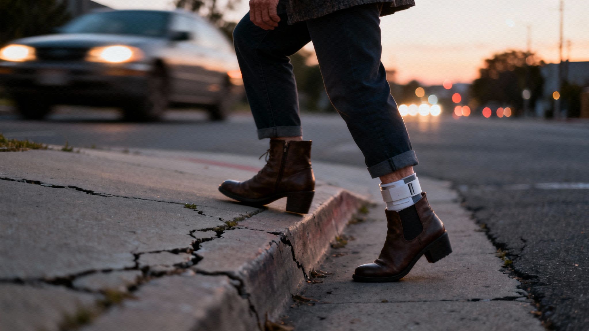 Person walking on cracked pavement wearing ankle monitor, with traffic in background, illustrating challenges faced during sobriety tests in real-world conditions.