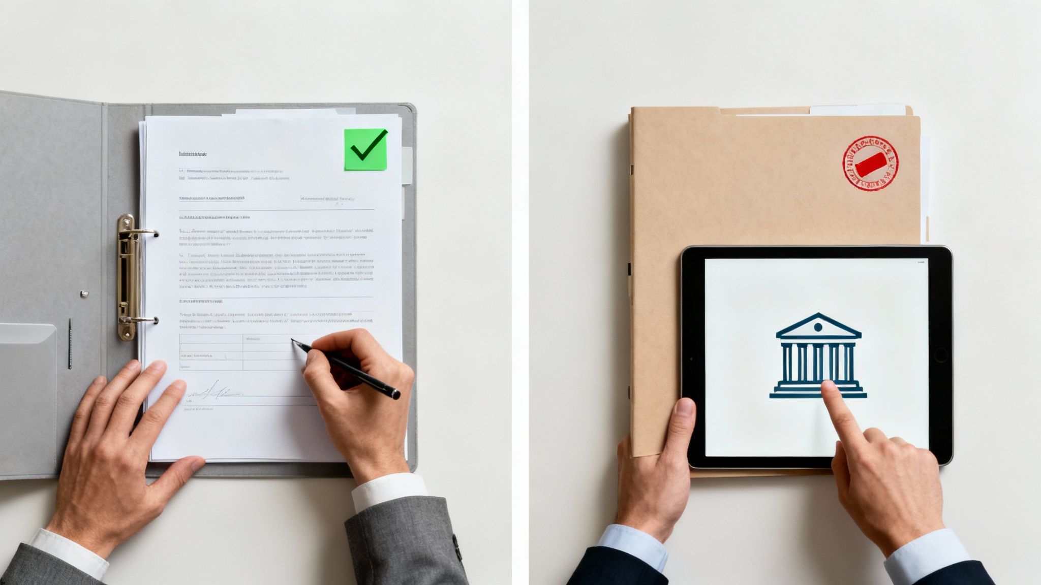 Hands interact with legal documents and a digital tablet featuring a government building icon.