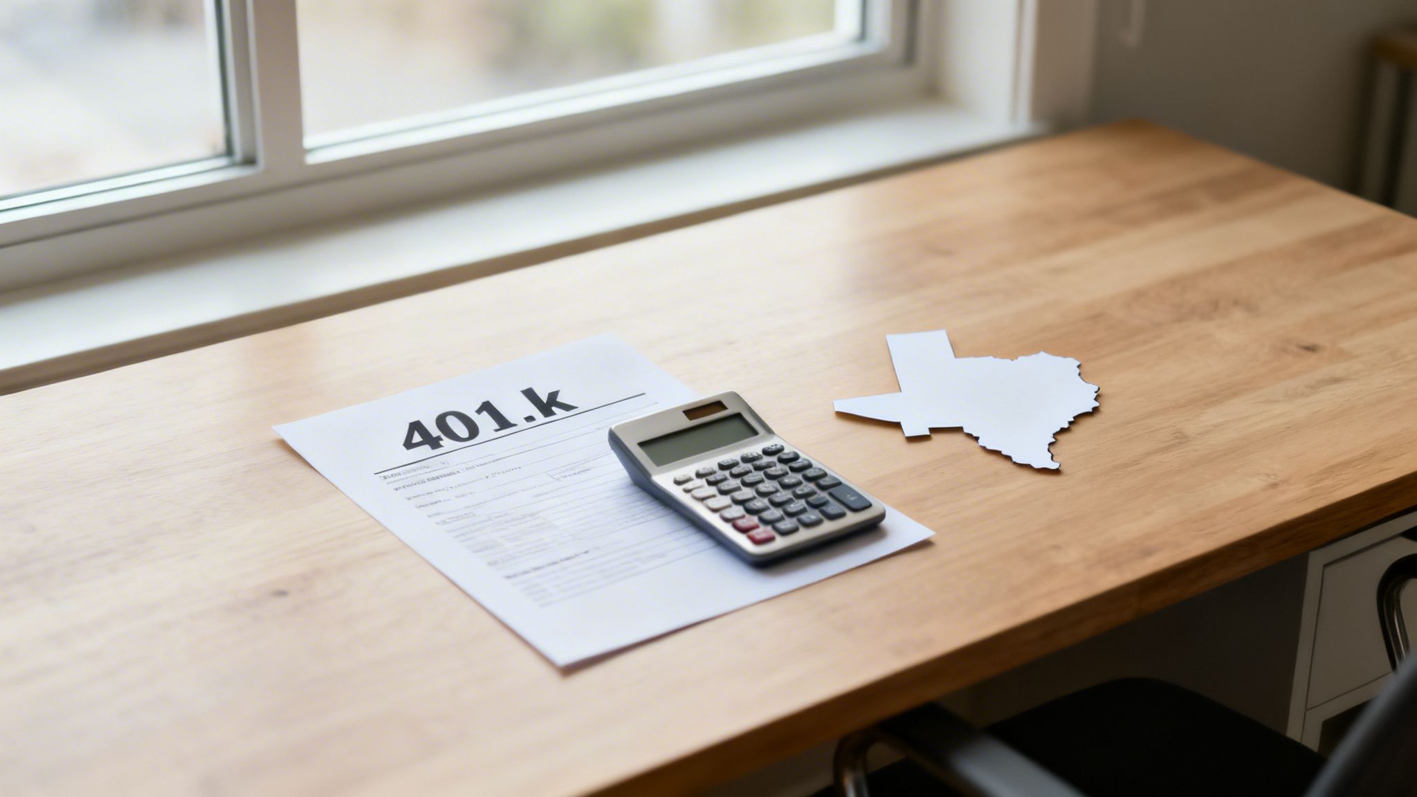 A 401k document, calculator, and Texas state cutout on a light wooden desk.