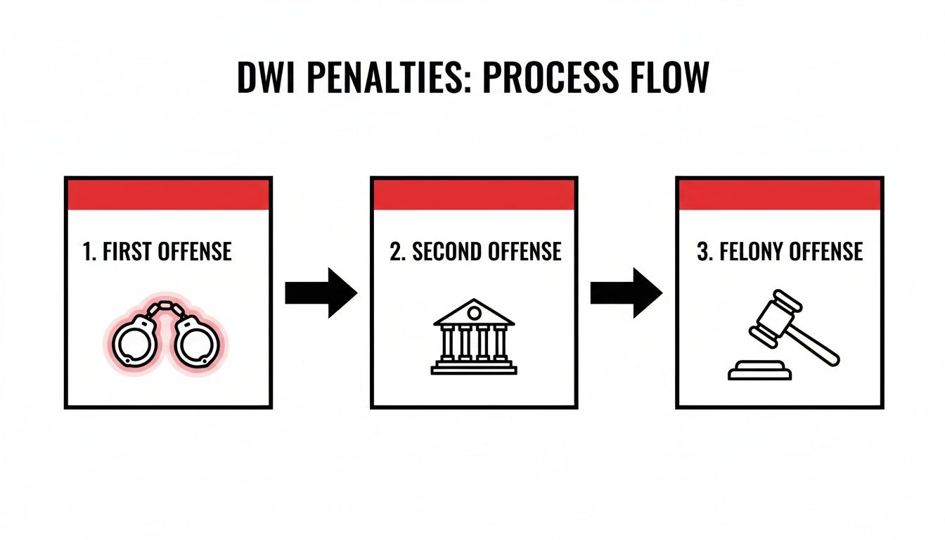 DWI penalties process flow chart illustrating progression from first offense with handcuffs to second offense with courthouse icon, culminating in felony offense with gavel, emphasizing legal consequences in Texas DWI cases.