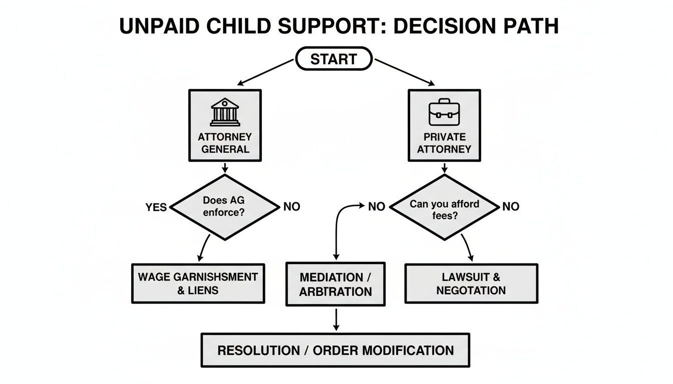 Flowchart detailing the decision path for unpaid child support enforcement, outlining options via Attorney General or private attorney.