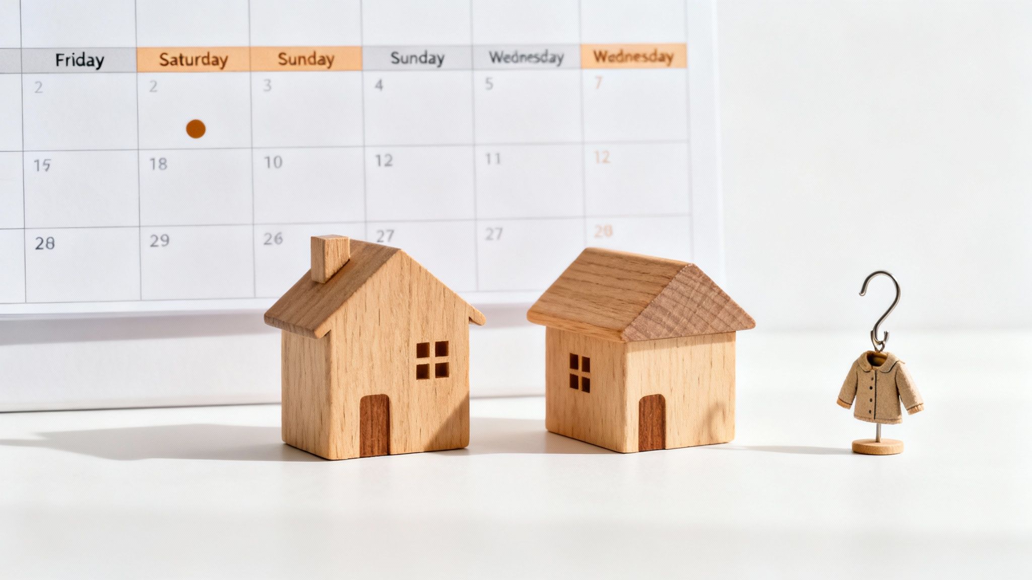 Two wooden house models and a miniature coat stand in front of a calendar marked on Saturday.