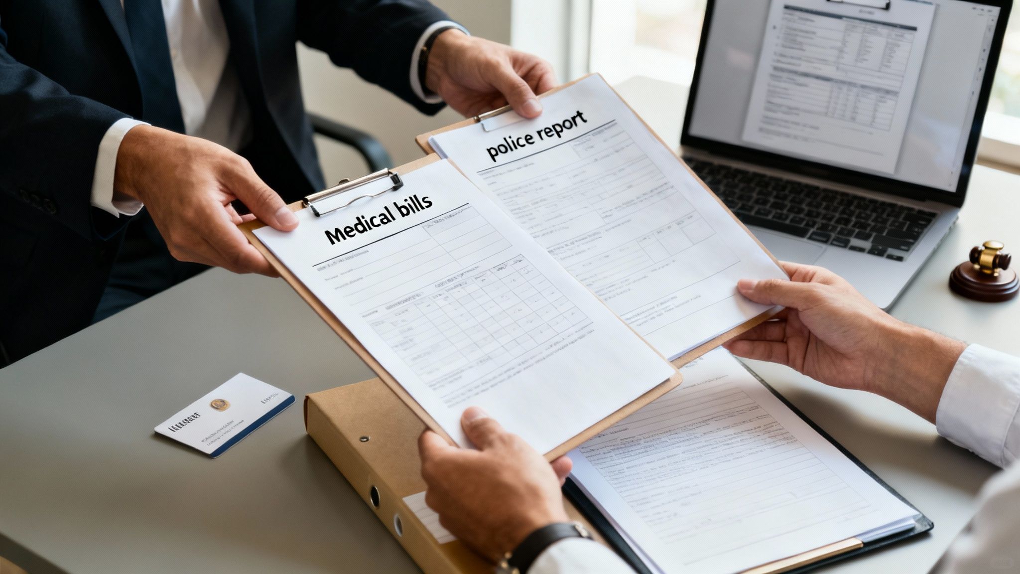 A compassionate lawyer discussing a claim with a client.