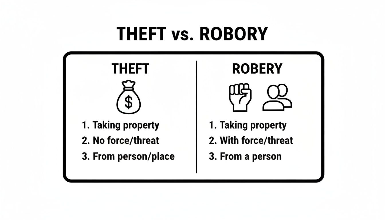 A comparison chart distinguishing theft from robbery, detailing property taking, force, and location.