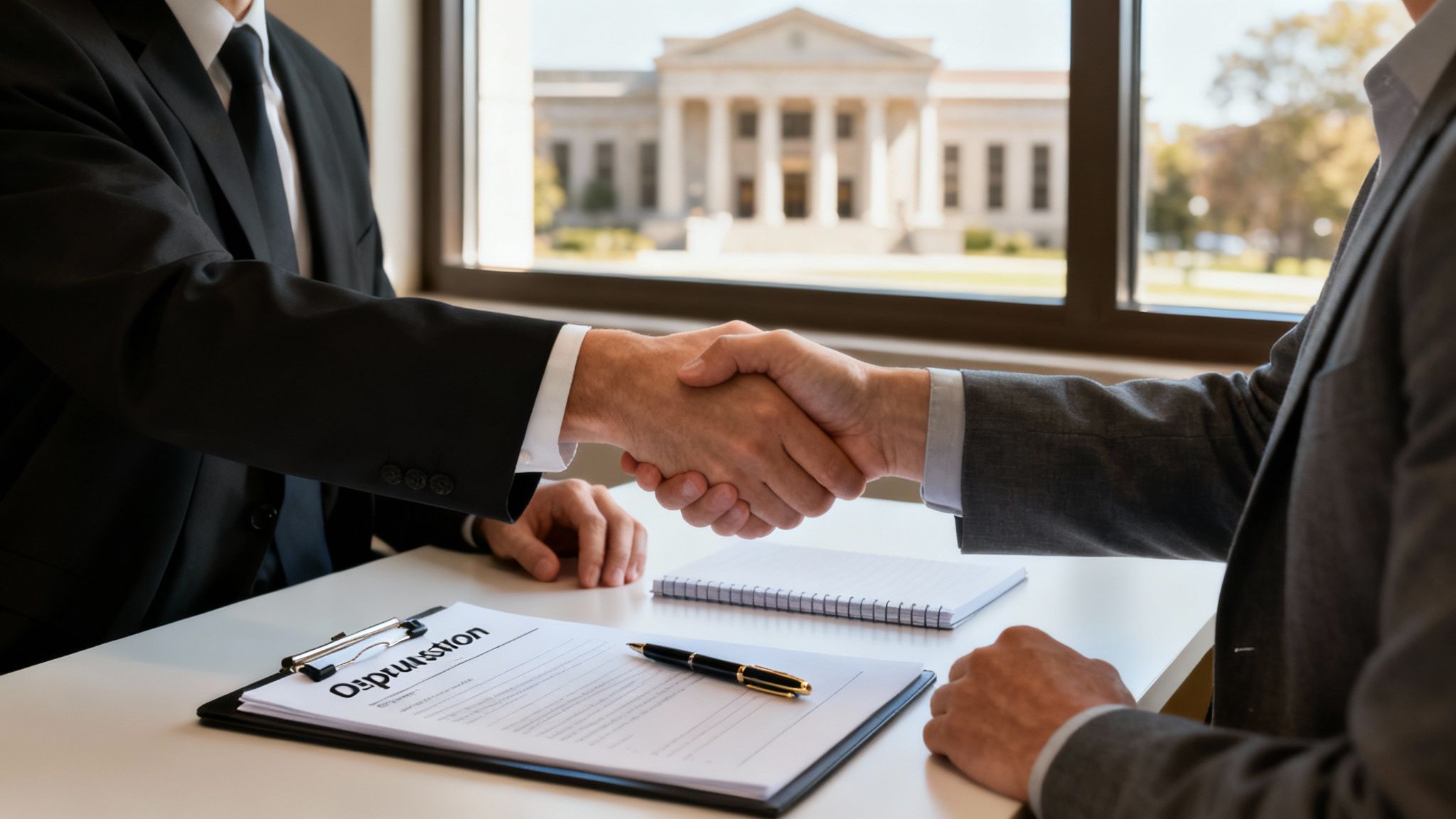 Business professionals shaking hands over expunction paperwork, with a courthouse visible in the background, symbolizing legal support for criminal record expungement in Texas.