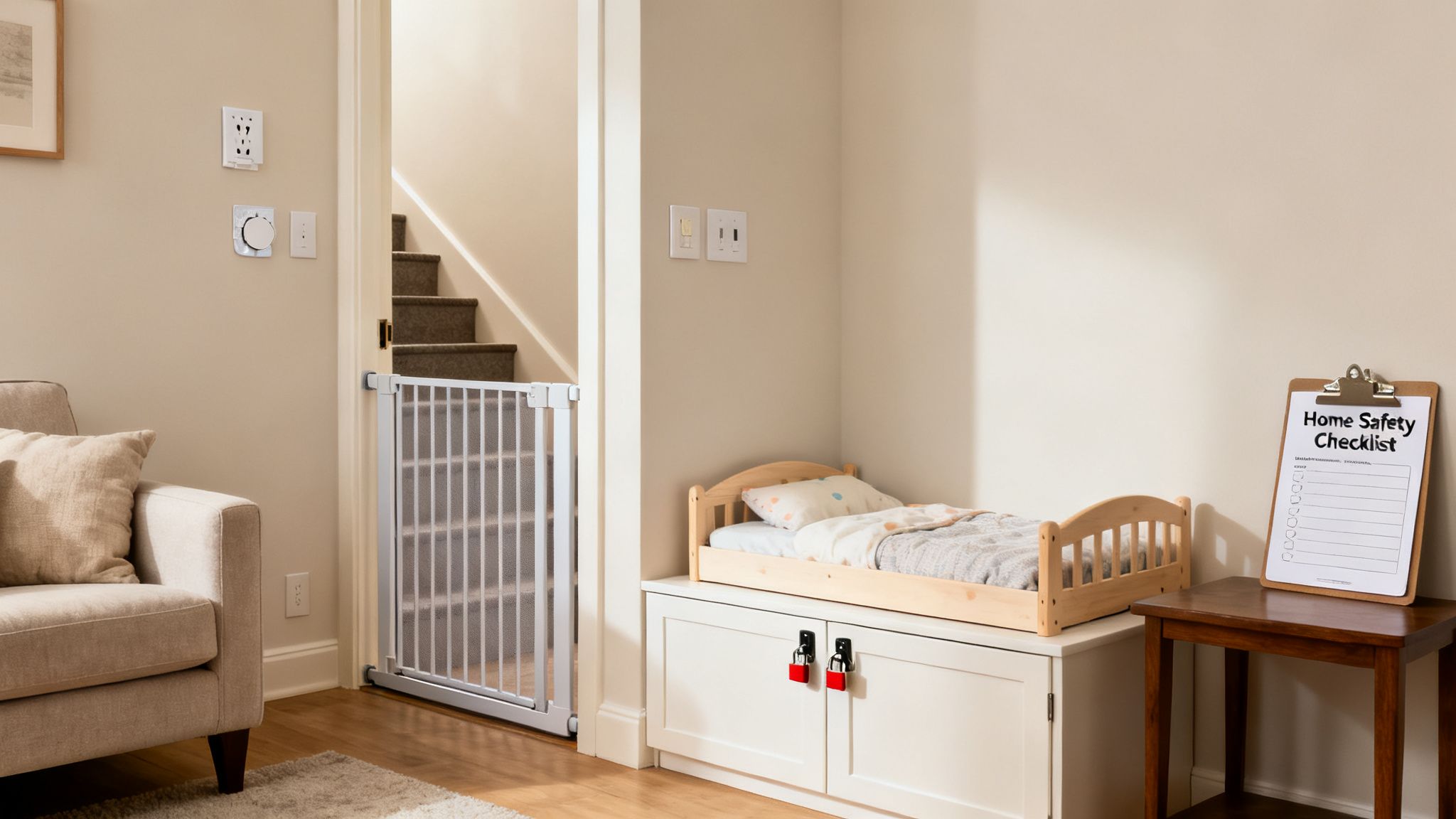 A child-safe home interior featuring a baby gate, a toddler bed, and a home safety checklist.