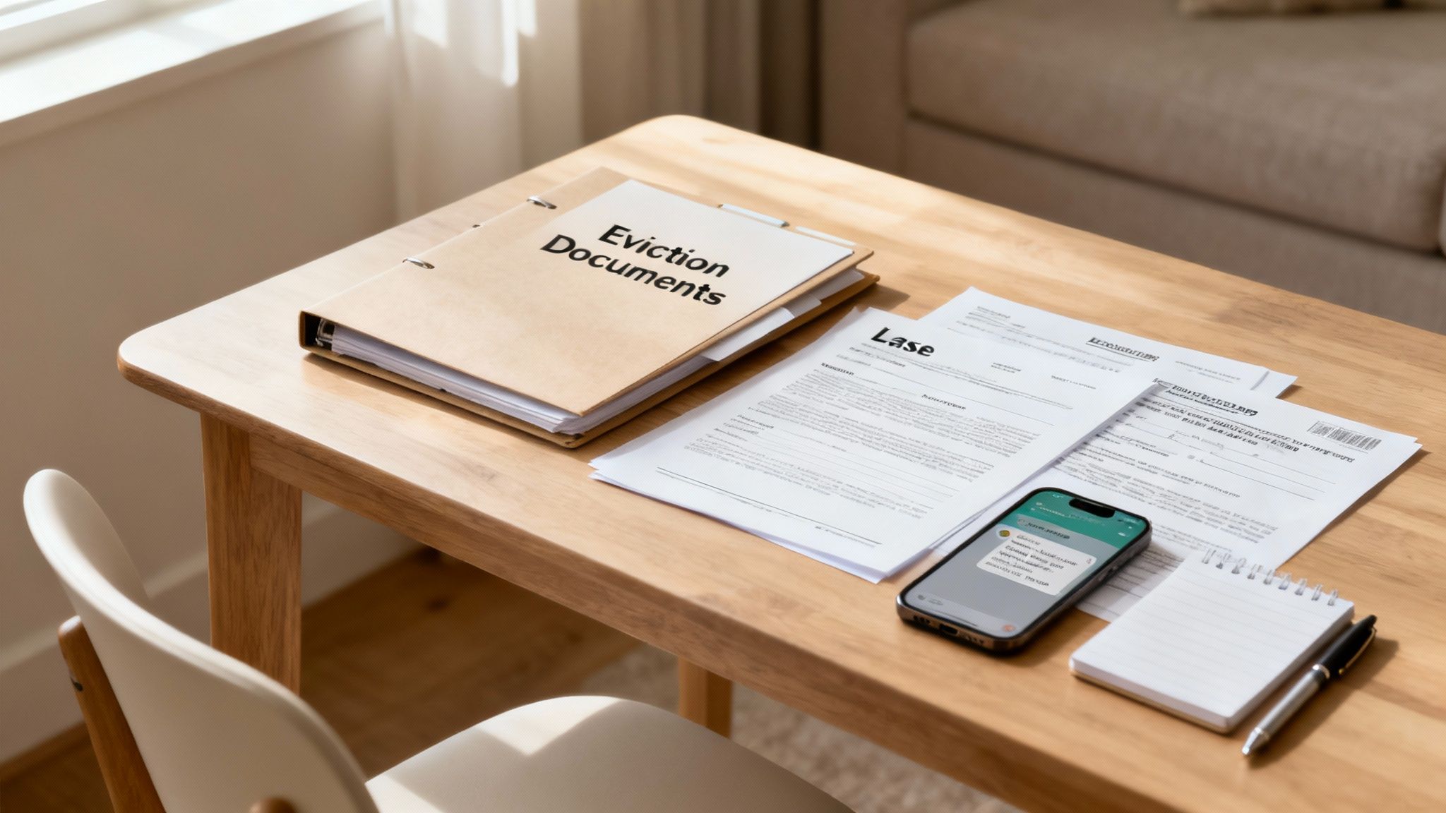 Eviction documents folder on a wooden table with lease agreement, eviction notice, smartphone displaying messages, and notepad for tenant consultation preparation in Texas.
