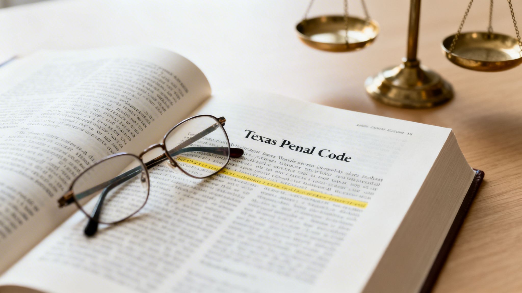 An open legal textbook, 'Texas Penal Code', with reading glasses and scales of justice.