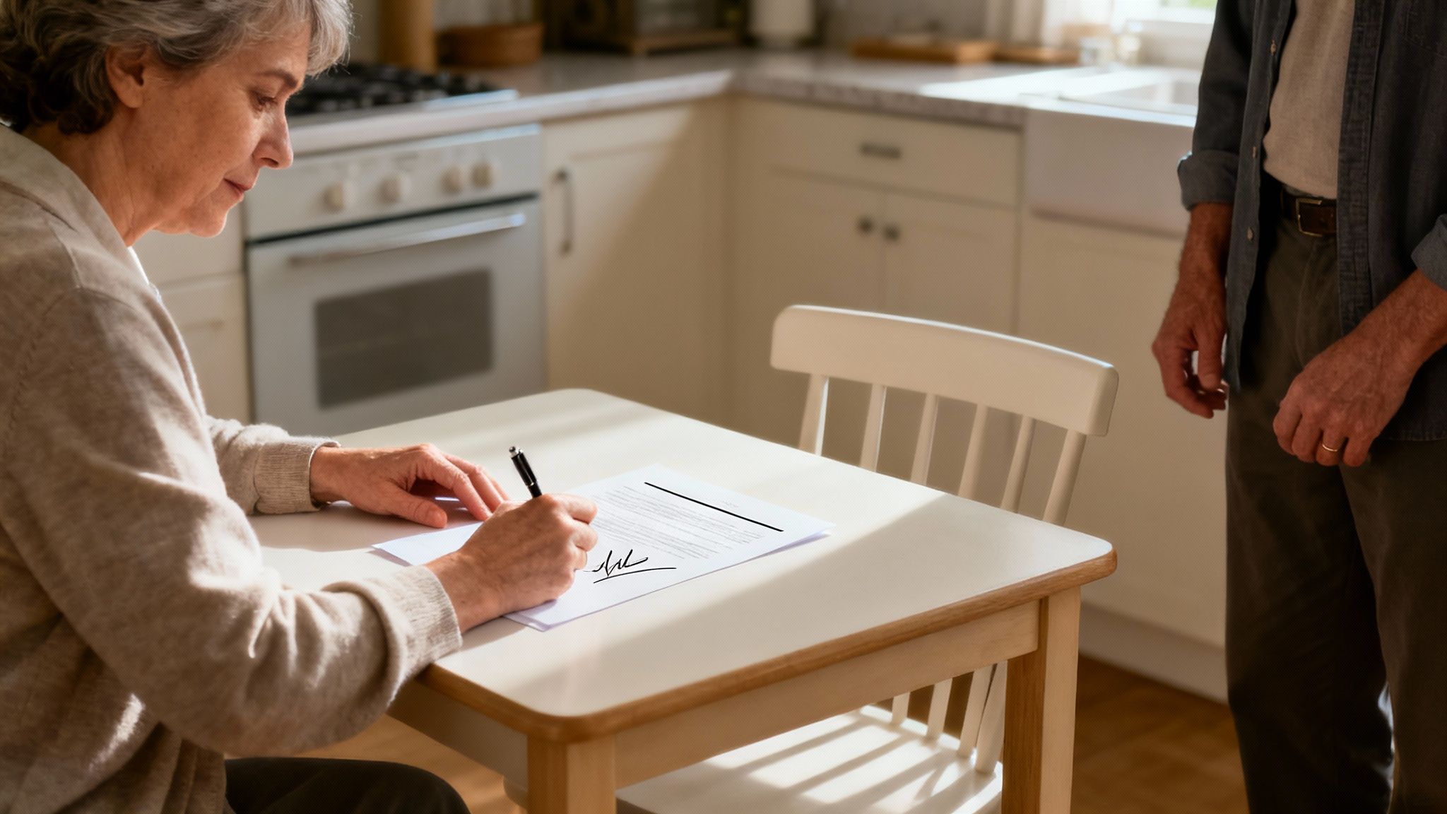 Older woman signing affidavit at kitchen table with man observing, emphasizing legal process of heirship verification.