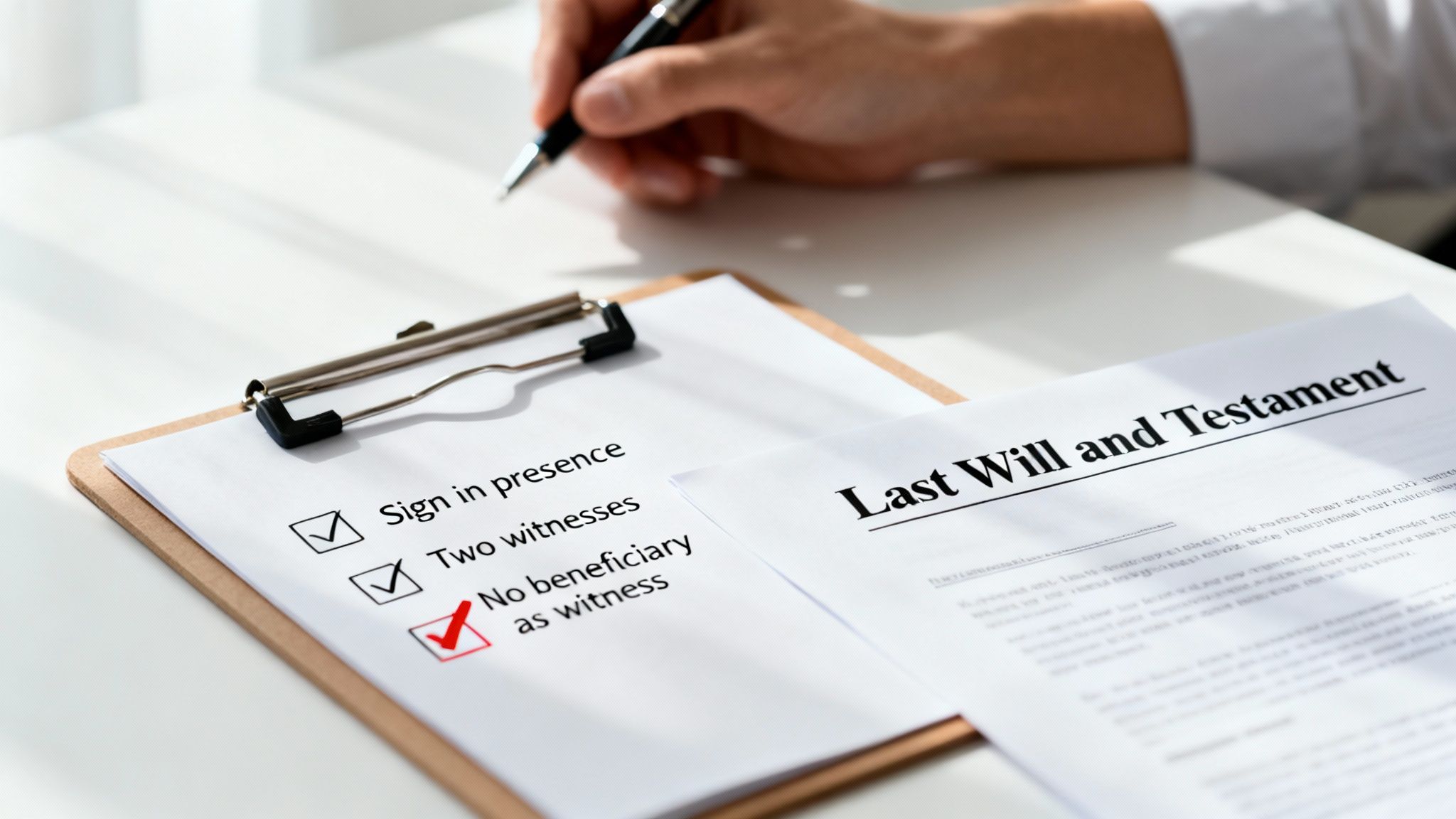 A person checks off legal requirements on a clipboard next to a Last Will and Testament document.