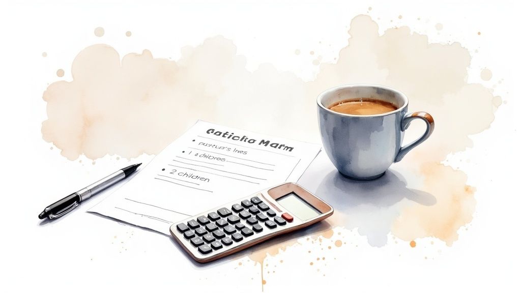 Calculator and paperwork for child support modification with coffee cup, illustrating financial planning in Texas family law.