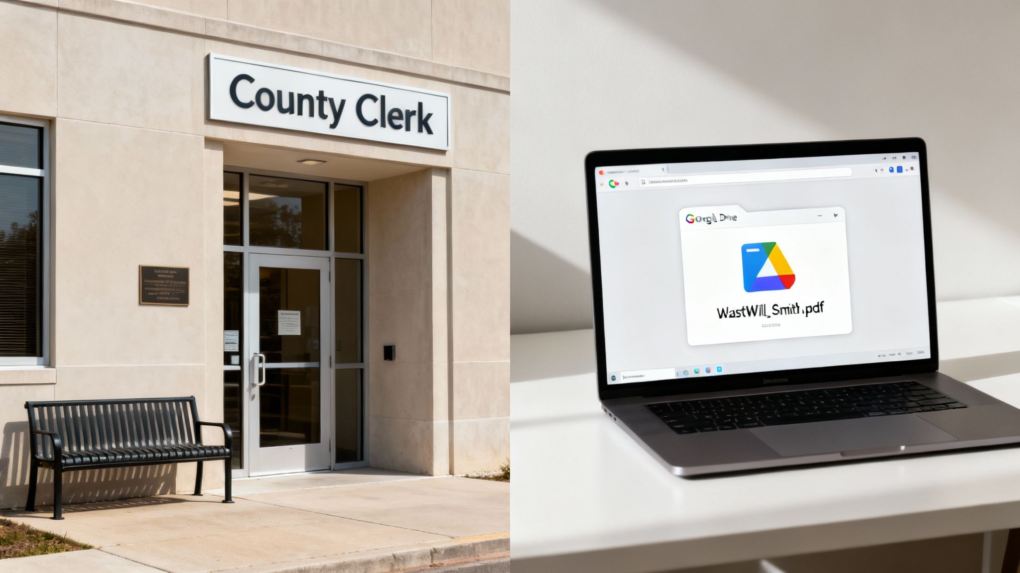 Exterior of a County Clerk office and a laptop showing a will document, representing a legal process.