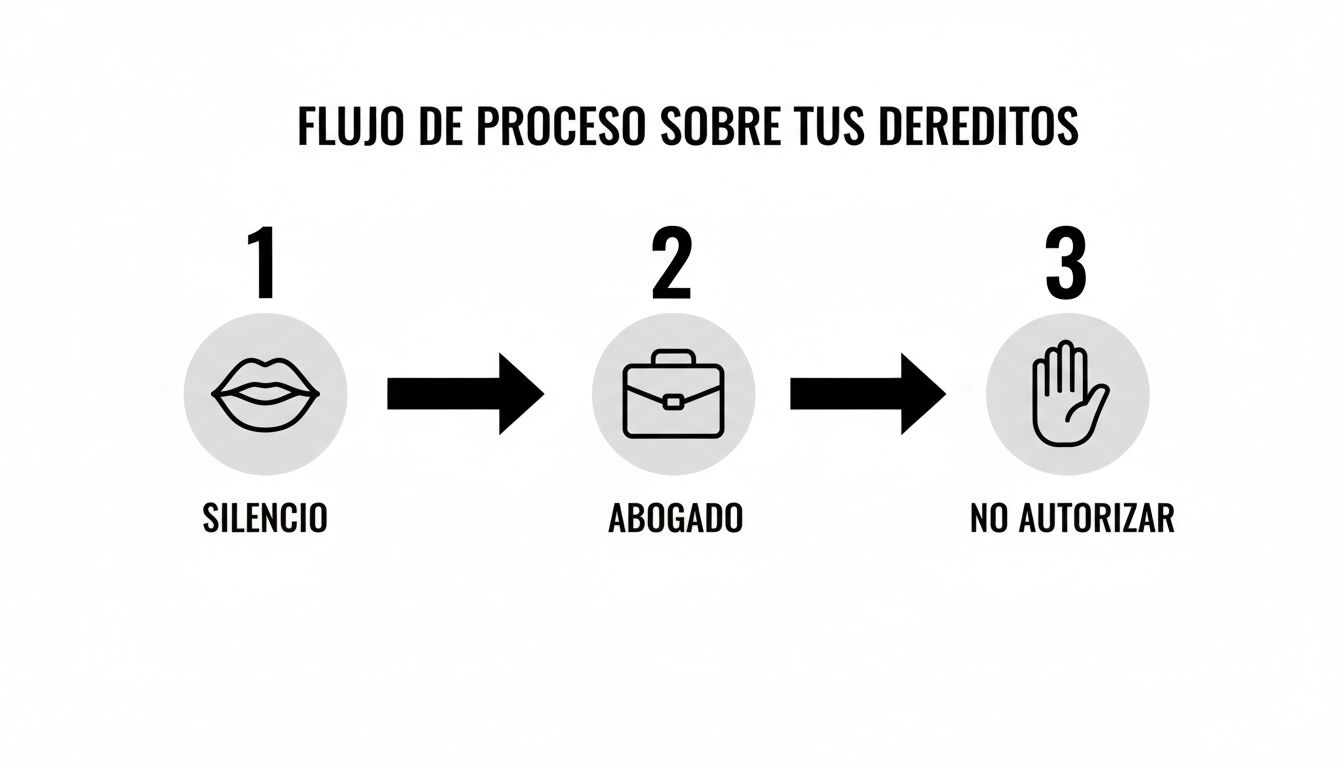 Flujo de proceso visual con tres pasos: silencio, abogado y no autorizar, sobre tus derechos.