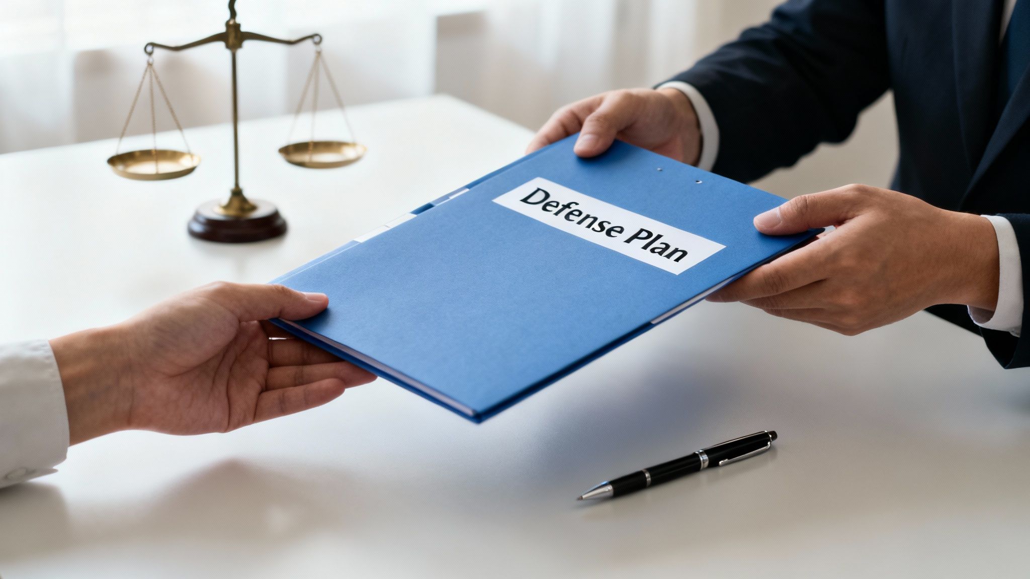 Hands exchanging a blue folder labeled "Defense Plan" with a gavel in the background, symbolizing legal strategy and representation for DWI cases in Texas.