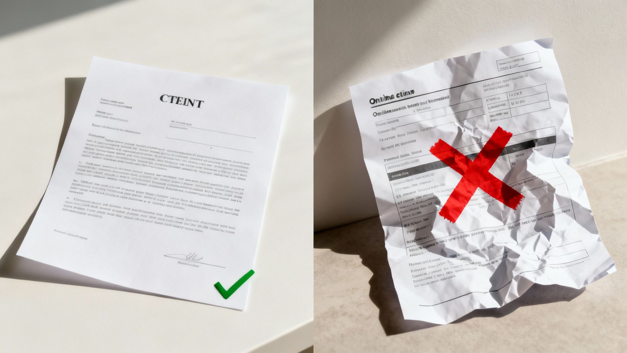 Comparison of proper contract document with green checkmark versus crumpled rejected document with red X