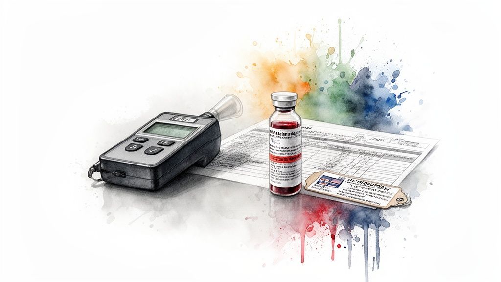 Breathalyzer device, blood sample vial, and testing paperwork illustrating DWI evidence challenges in Texas legal context.
