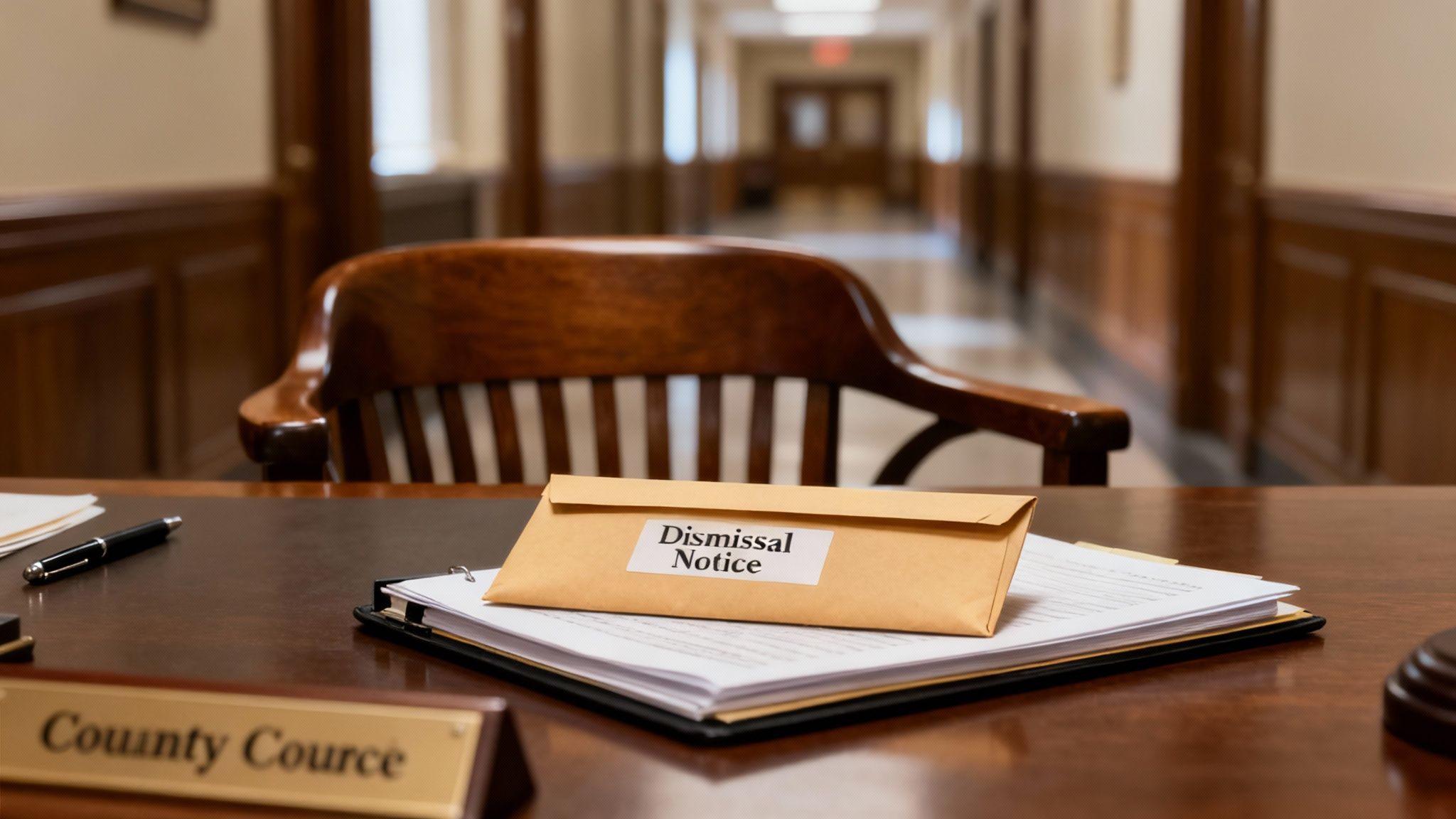 Dismissal notice on a desk in a courthouse, symbolizing legal case dismissal for want of prosecution in Texas.