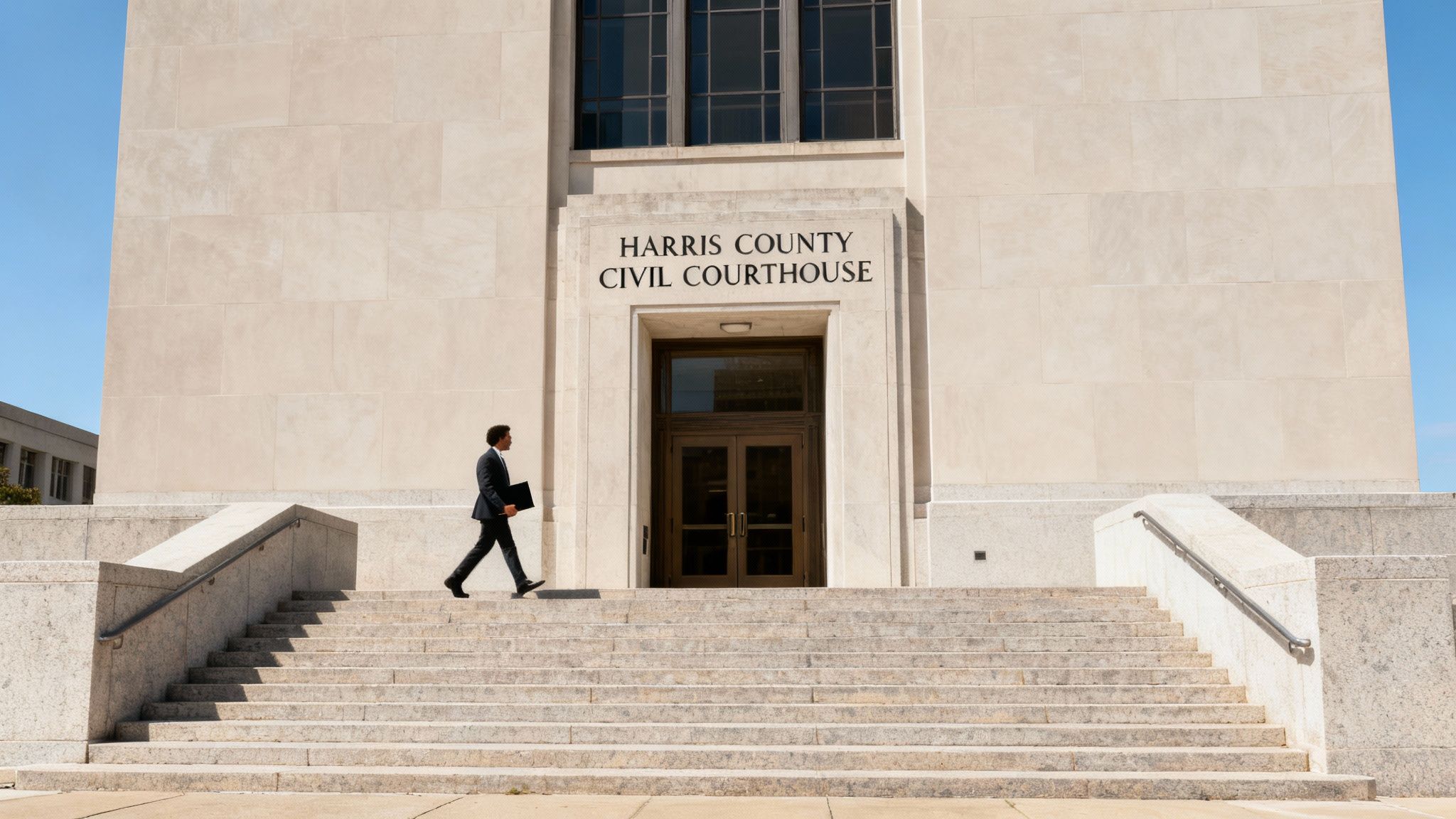 Man walking up the steps of the Harris County Civil Courthouse, symbolizing the legal process for spousal support in Texas.