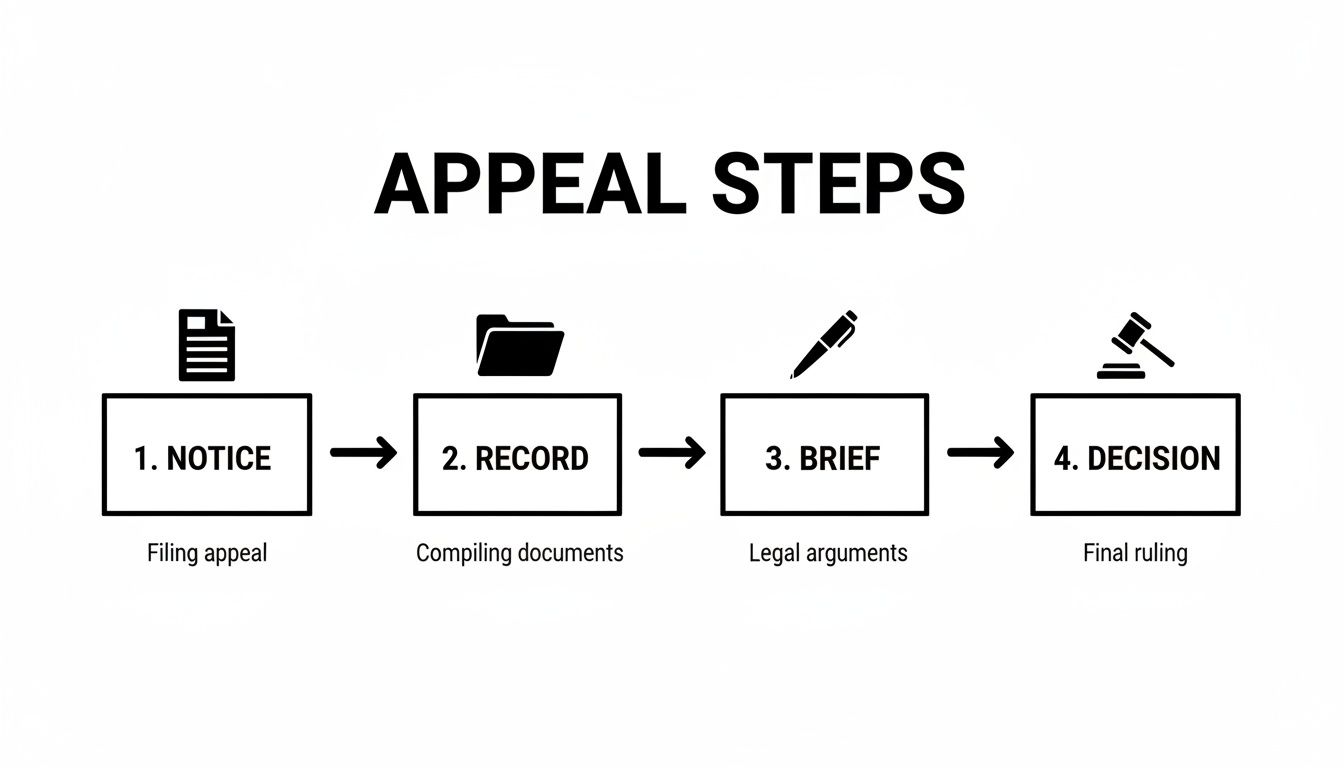 A flowchart illustrates the four key steps in an appeal process: notice, record, brief, and decision.