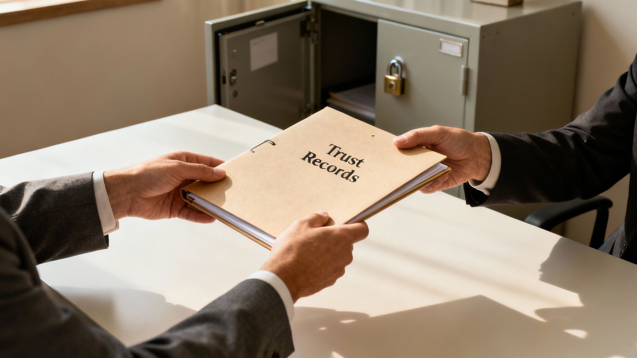 Hands exchanging a folder labeled "Trust Records" in a professional setting, emphasizing the process of trust management and administration in Texas.