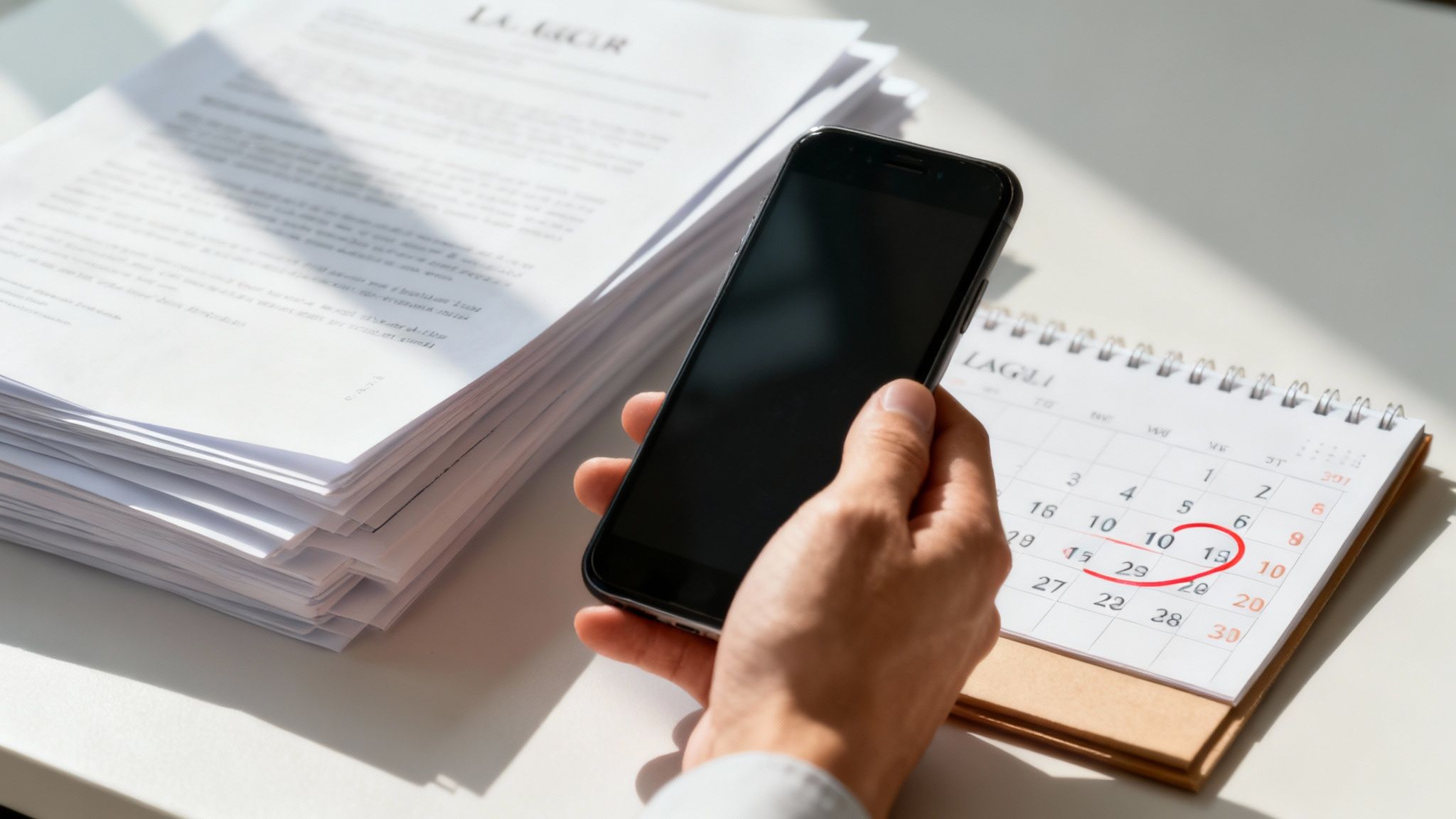 A person sitting in a law office, looking thoughtful while consulting with an attorney.