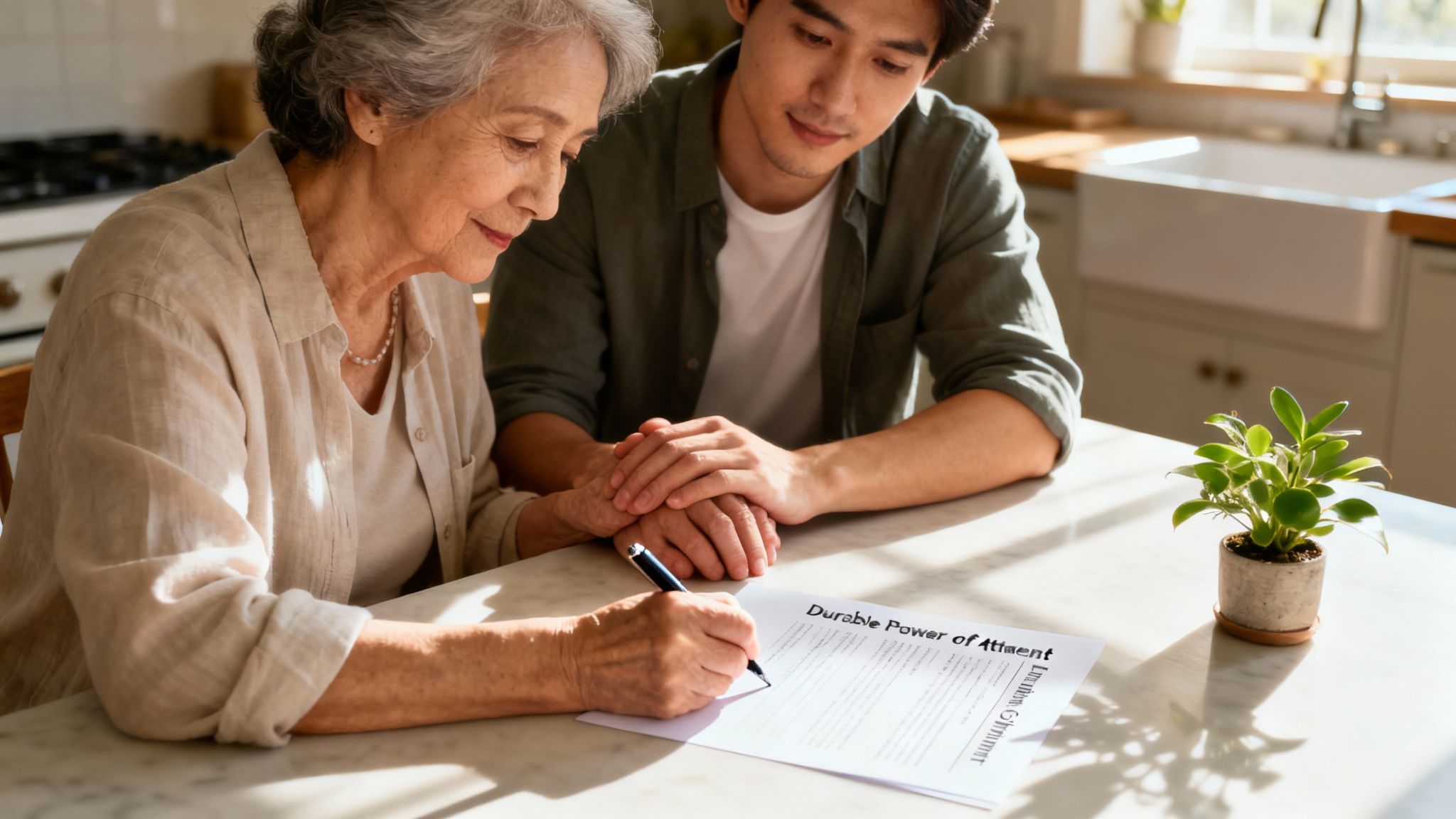 Elderly woman signing Durable Power of Attorney document with supportive young man, symbolizing proactive estate planning and guardianship in Texas.