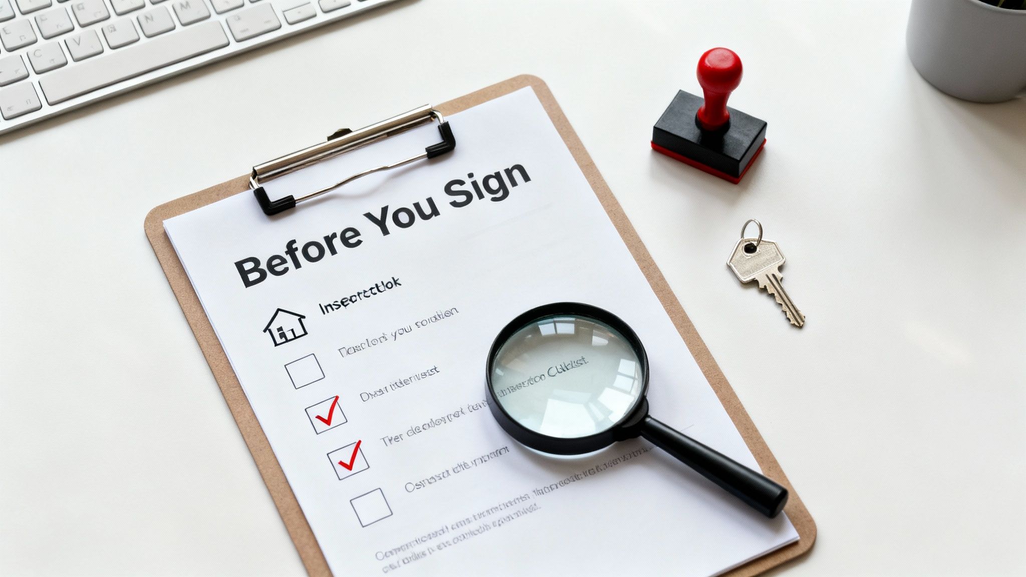 Checklist titled "Before You Sign" with checkboxes, magnifying glass, key, and a red stamp, symbolizing due diligence in lease-purchase agreements in Texas.