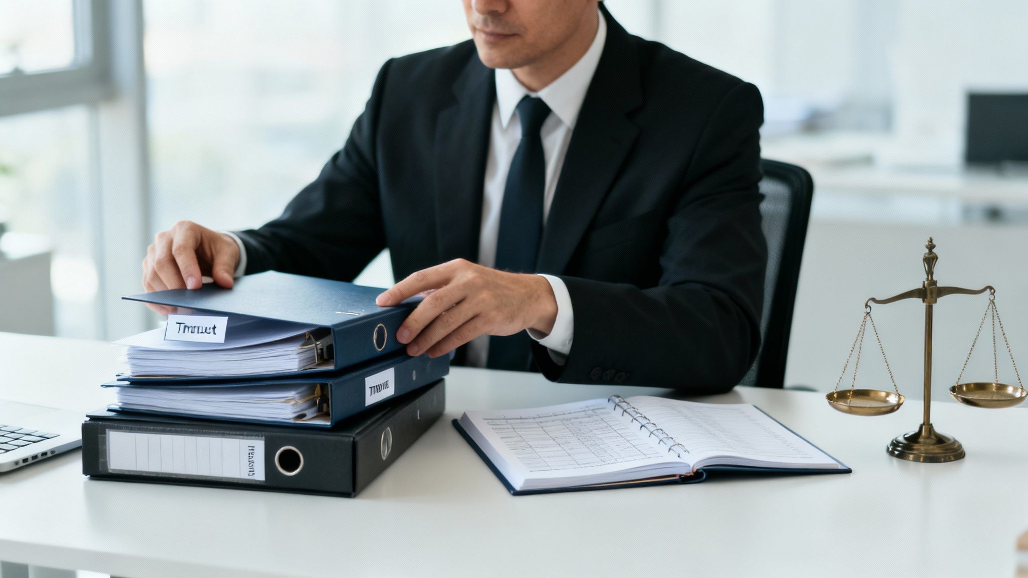 A man in a suit reviews binders labeled 'Trust' on a desk with a scale of justice.