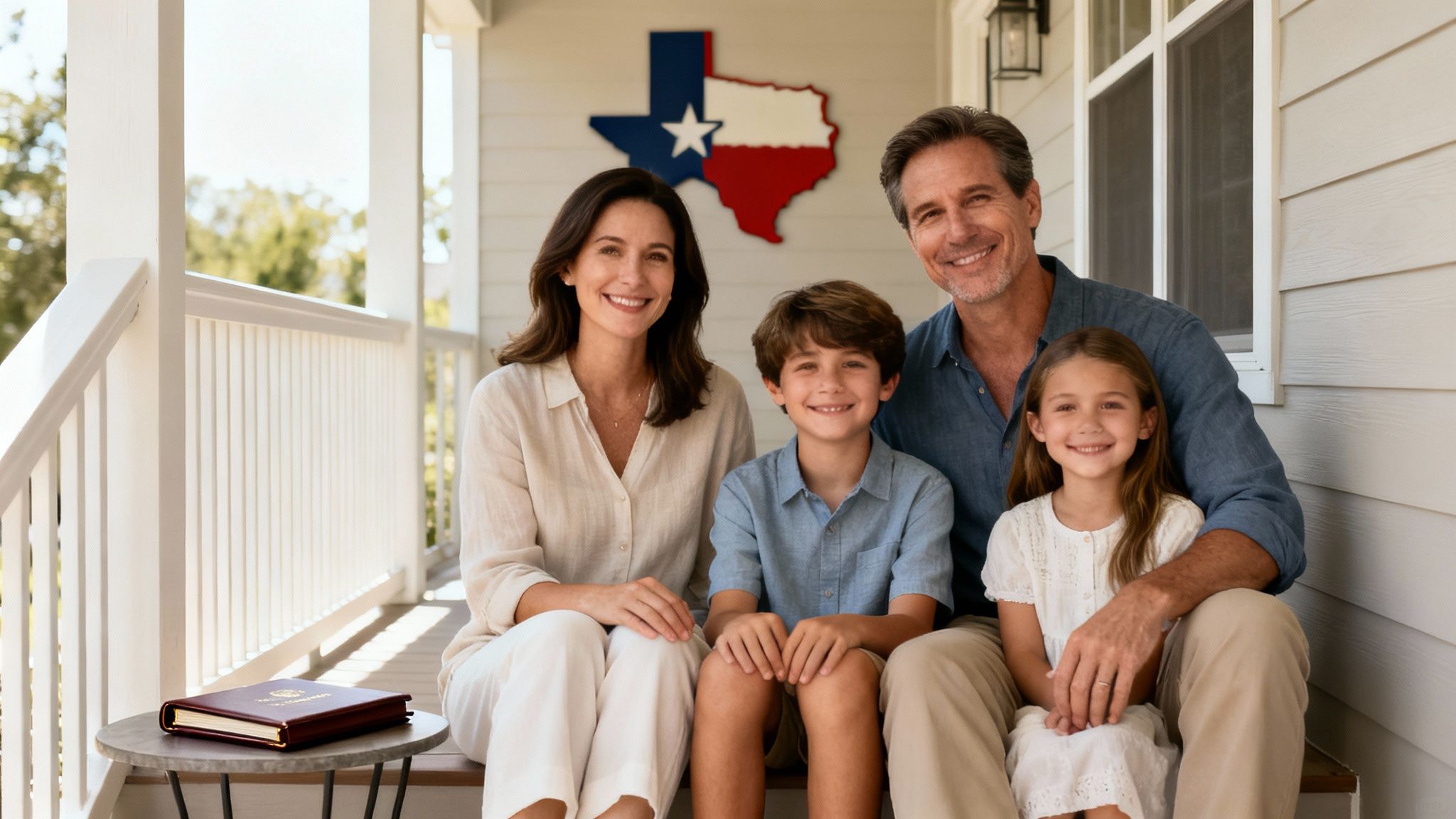 A happy family of four smiles while sitting on a porch with a Texas flag map behind them.