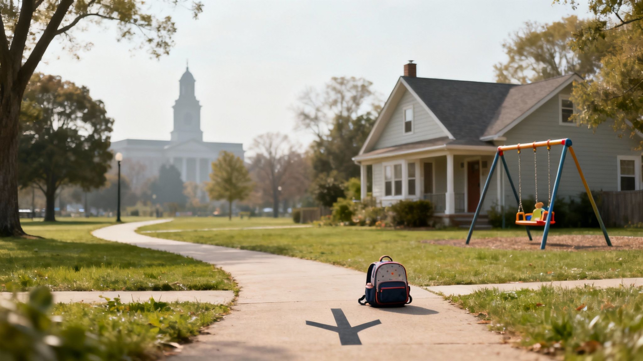A child's backpack sits on a sidewalk leading past a house with a swing set.