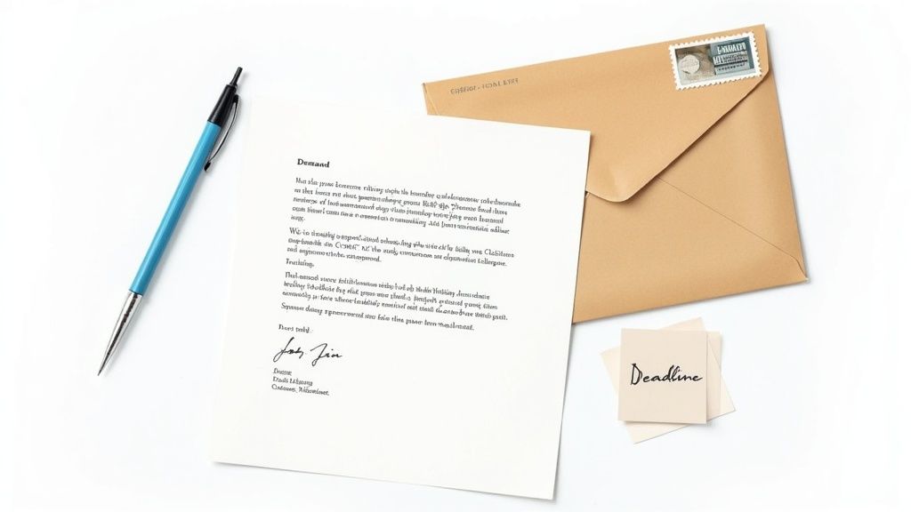 Formal demand letter on a desk, accompanied by a blue pen, an envelope with a stamp, and a note labeled "Deadline," illustrating the process of sending a demand letter before filing a lawsuit for breach of contract.