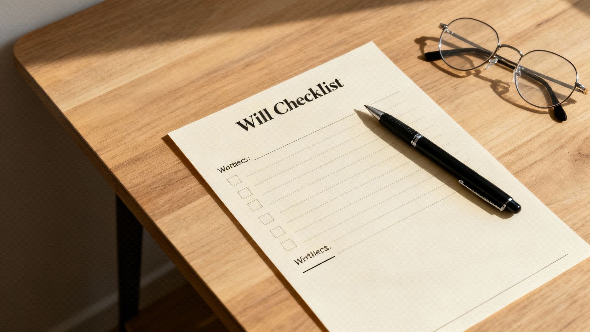 A person's hands are shown signing a will with a fountain pen, symbolizing the act of estate planning.