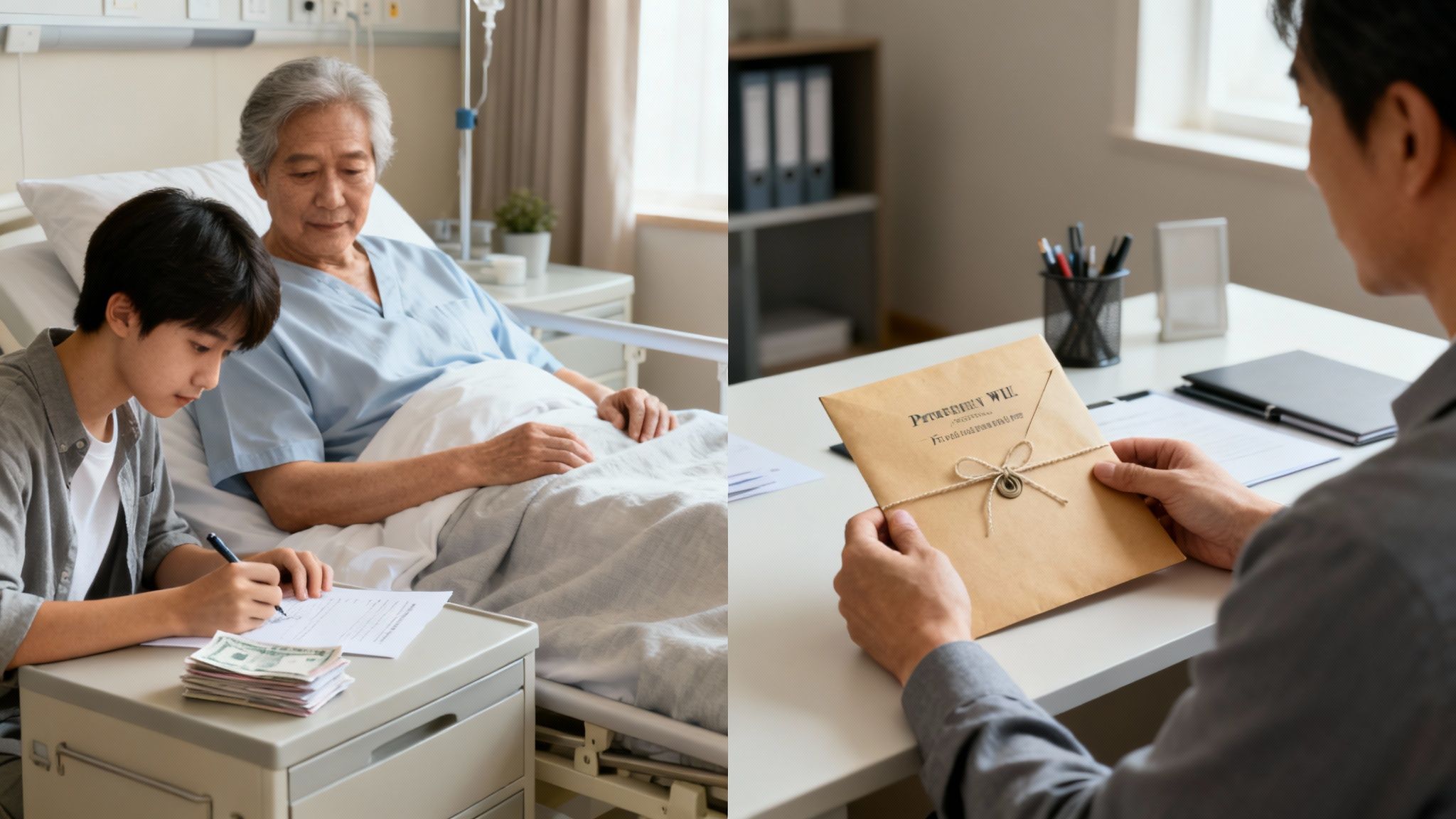 Young person writing on documents beside an elderly patient in a hospital bed, while another individual holds a sealed envelope labeled "Personal Will" on a desk, symbolizing the roles of Power of Attorney and Executor in estate planning.
