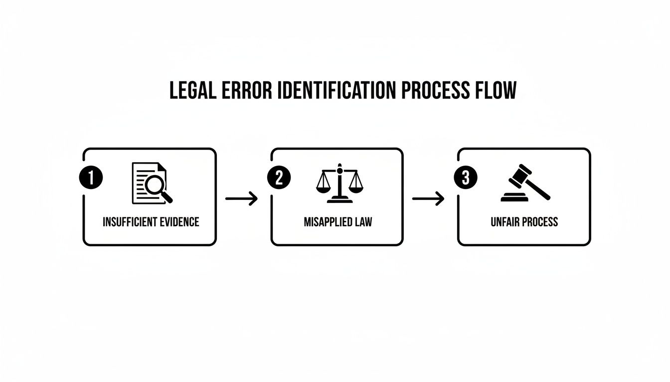 Process flow diagram illustrating legal error identification steps: insufficient evidence, misapplied law, and unfair process.