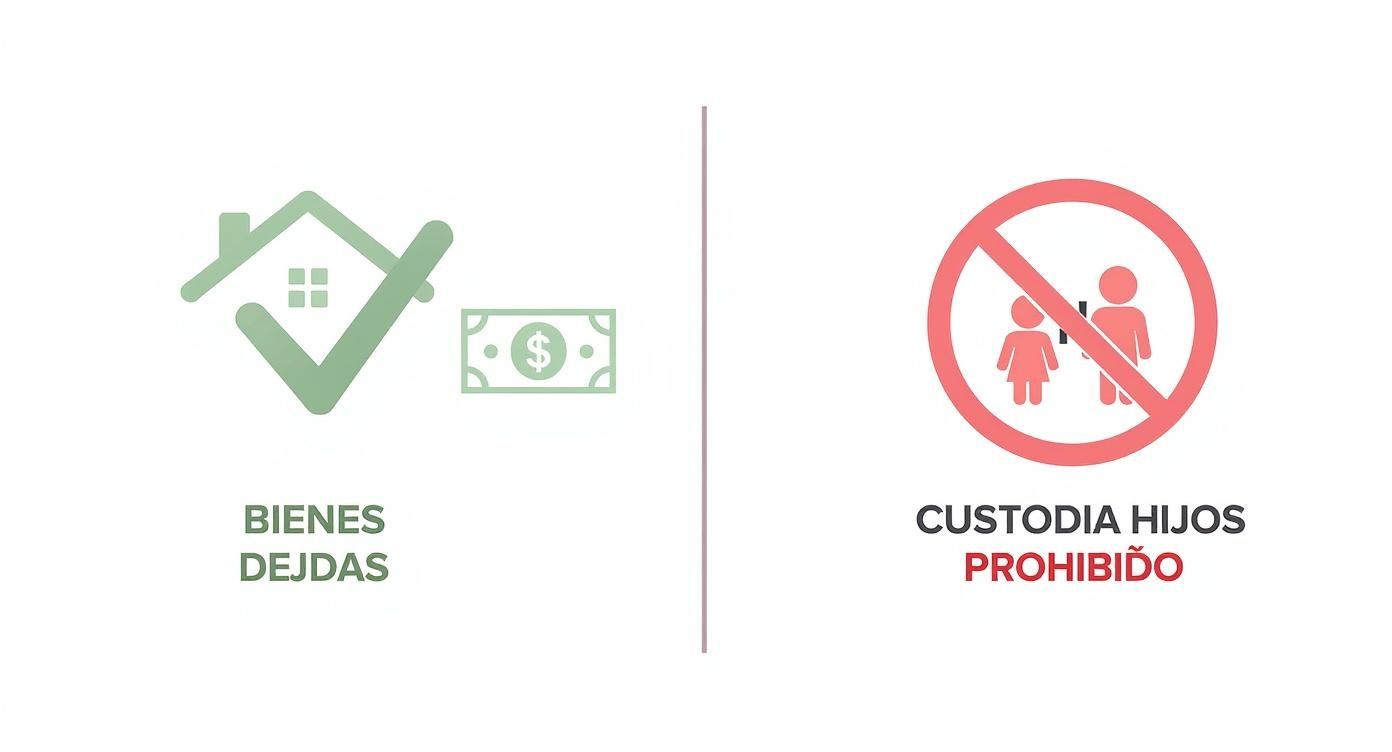 Imagen que contrasta bienes y deudas permitidos en un acuerdo, con la custodia de hijos que está prohibida.