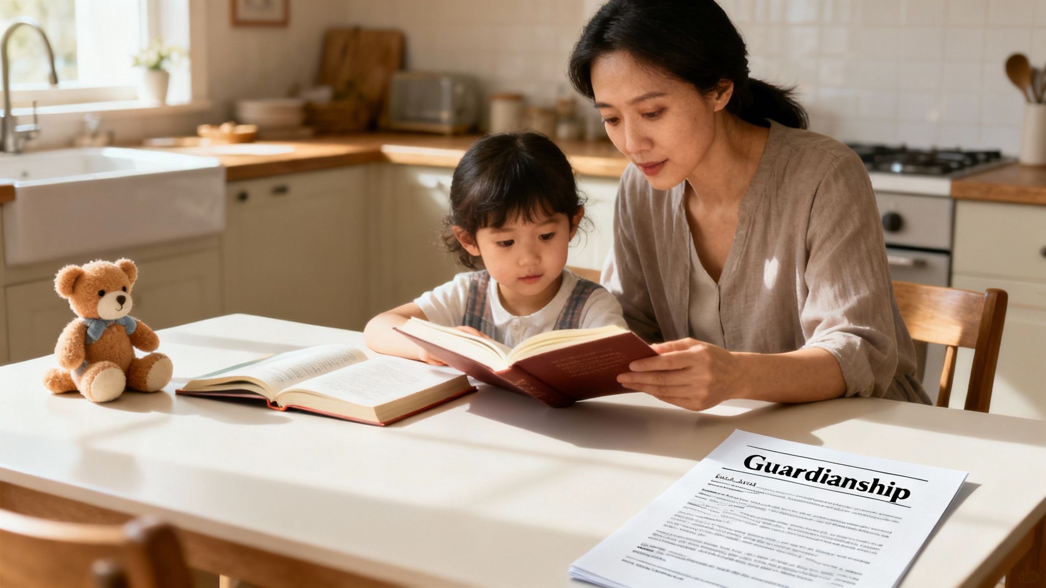 A child holding hands with an adult caregiver, symbolizing the protective nature of guardianship.