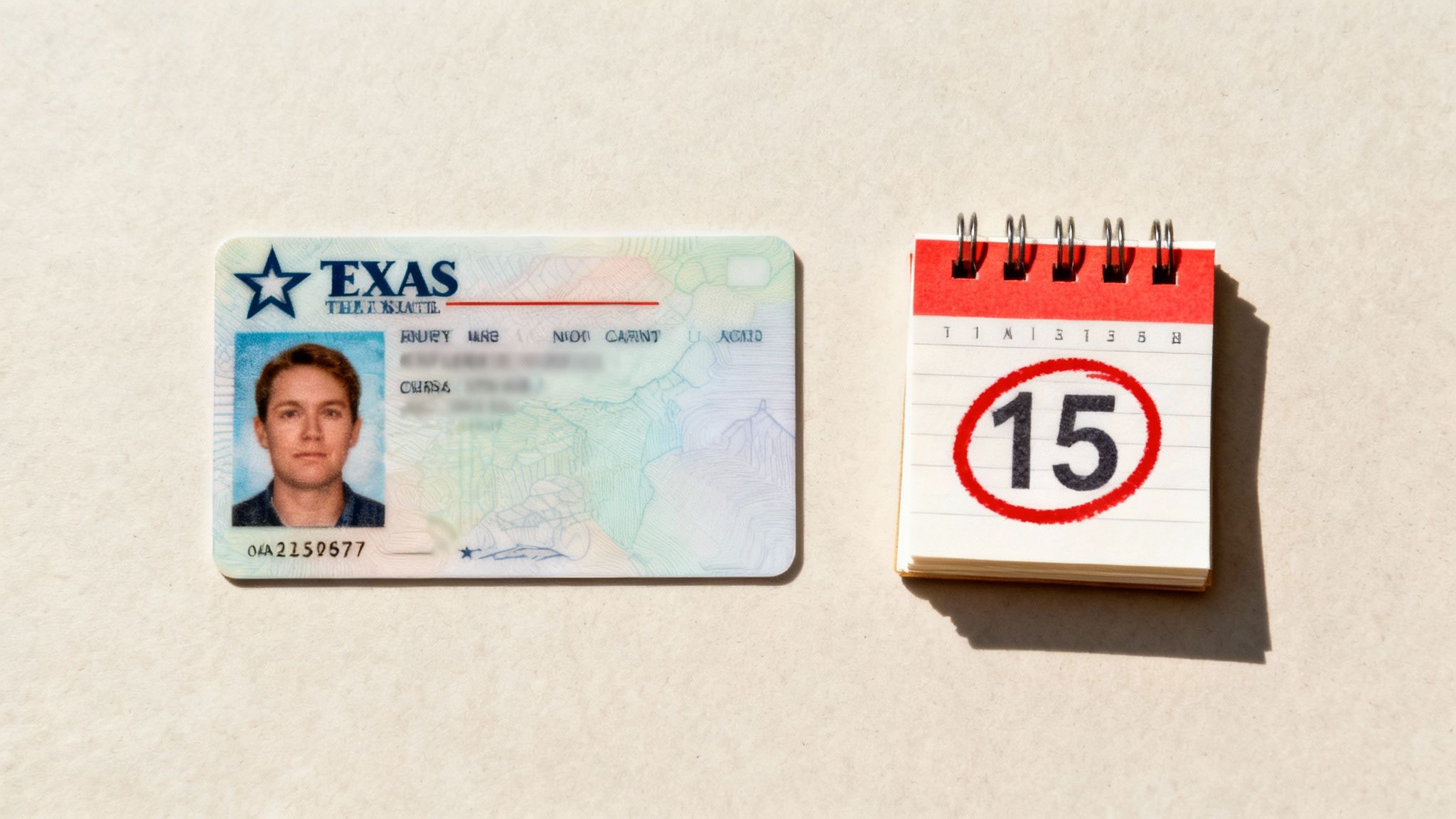 Texas ID card next to calendar showing date 15, representing DWI record duration