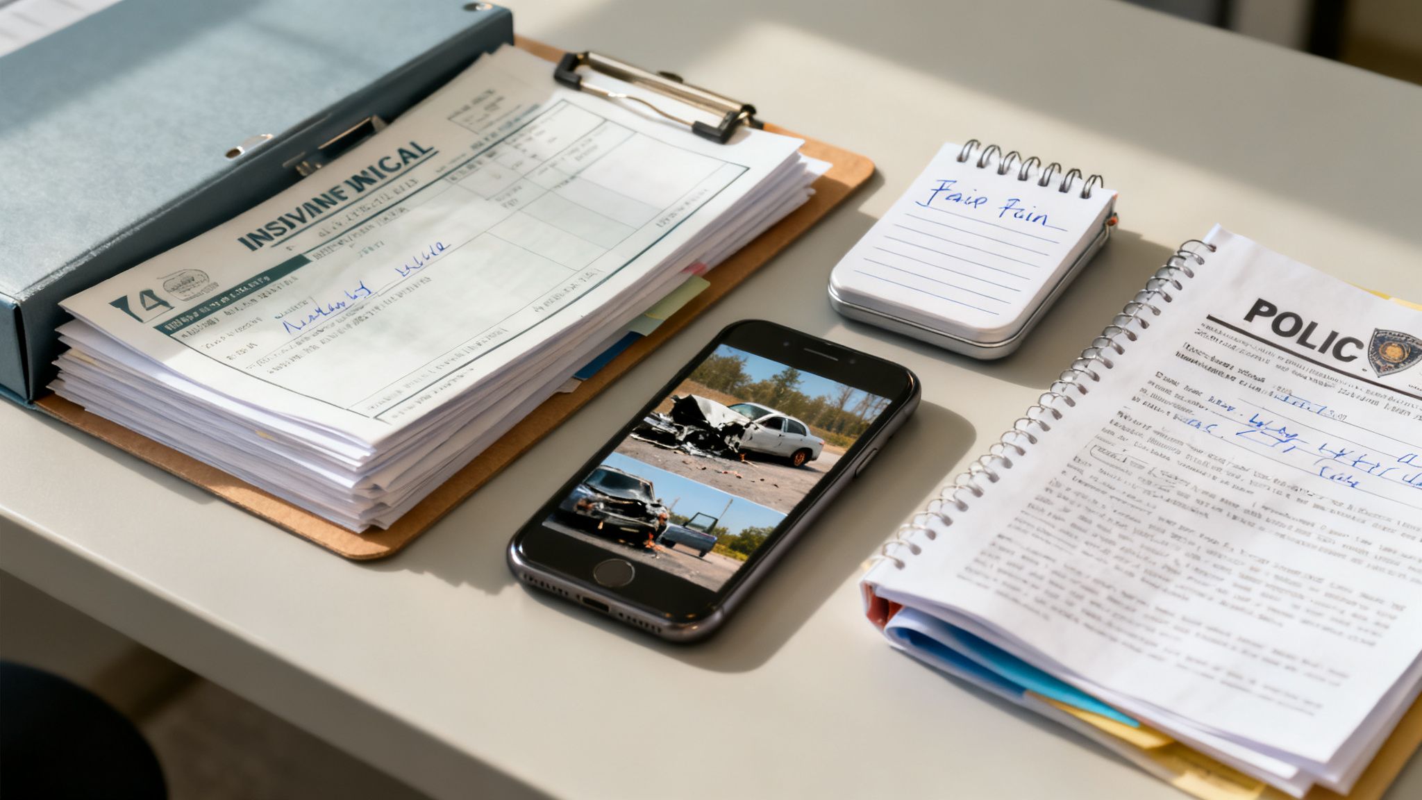 Desk setup with police reports, insurance forms, and a smartphone showing car accident photos.