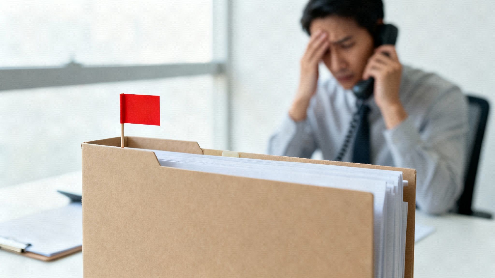 Stressed businessman on the phone in an office, with a file box marked by a red flag in the foreground, indicating a critical issue.