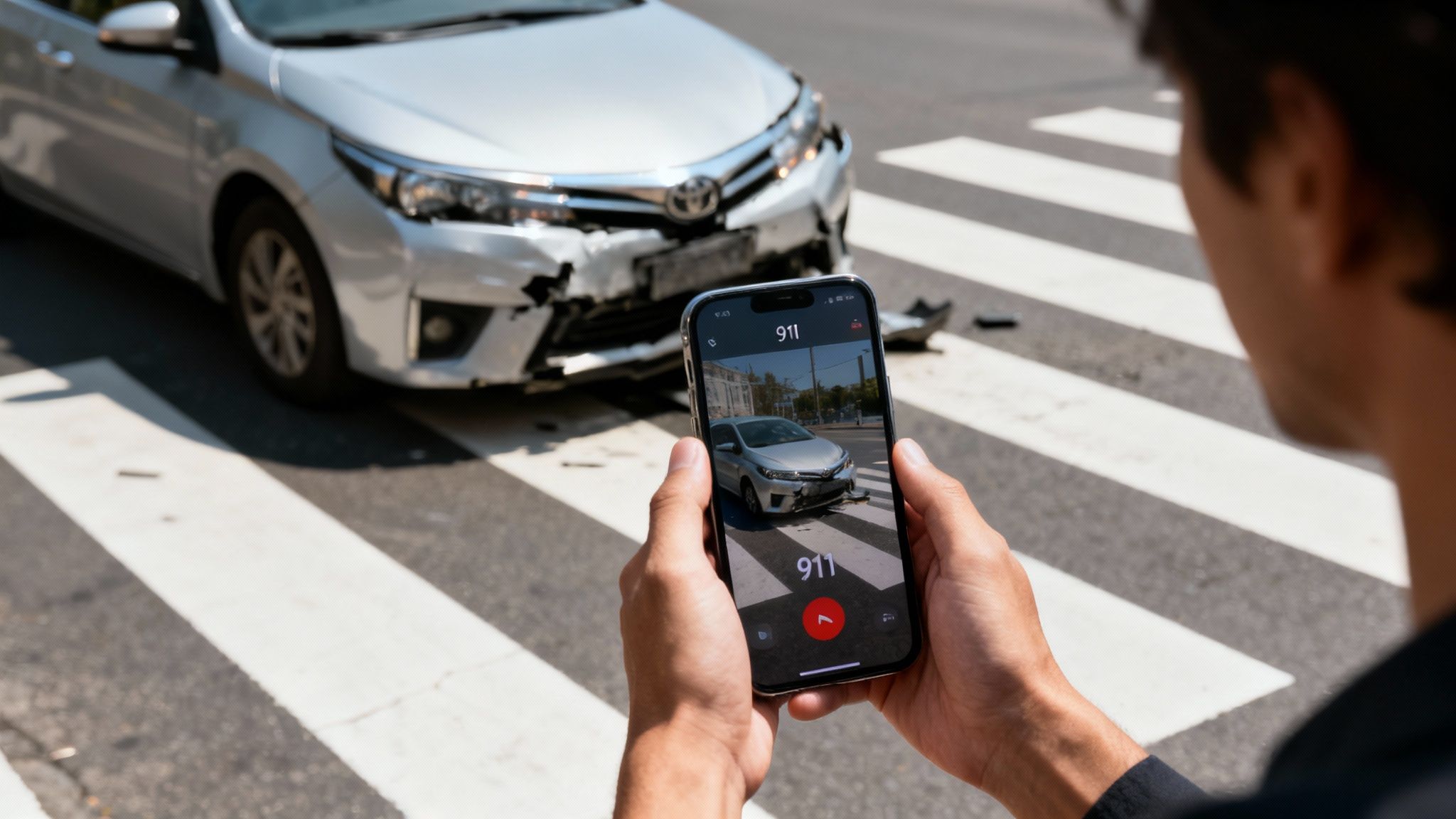 A person taking a photo of a car accident scene with their smartphone.