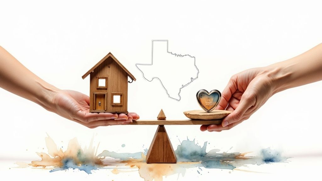 Hands balancing a wooden house and a heart-shaped object on a scale, with a Texas outline in the background, symbolizing asset protection in divorce.