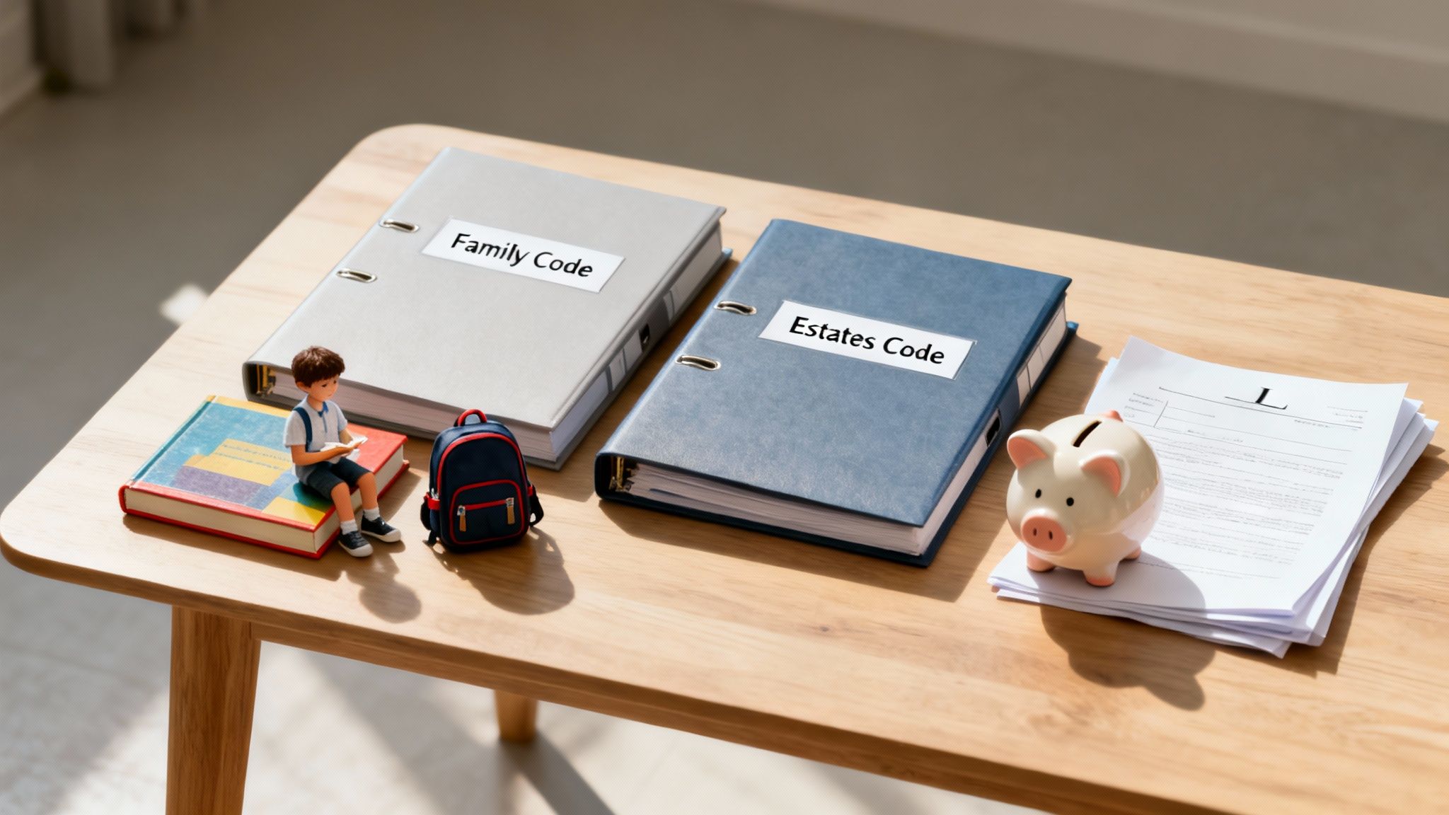 Wooden table with 'Family Code' and 'Estates Code' binders, a child figurine, and a piggy bank.