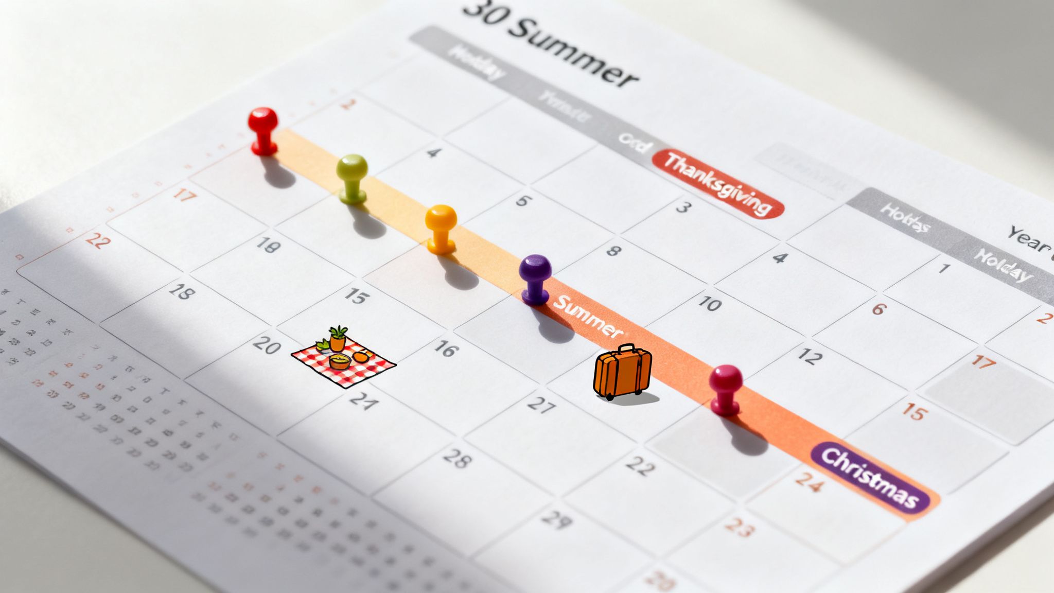 A calendar showing a timeline of events with pushpins, including Summer holidays and Christmas.