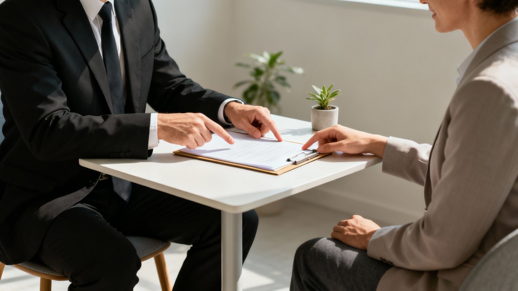 Divorce attorney explaining legal documents to client during consultation meeting at office desk